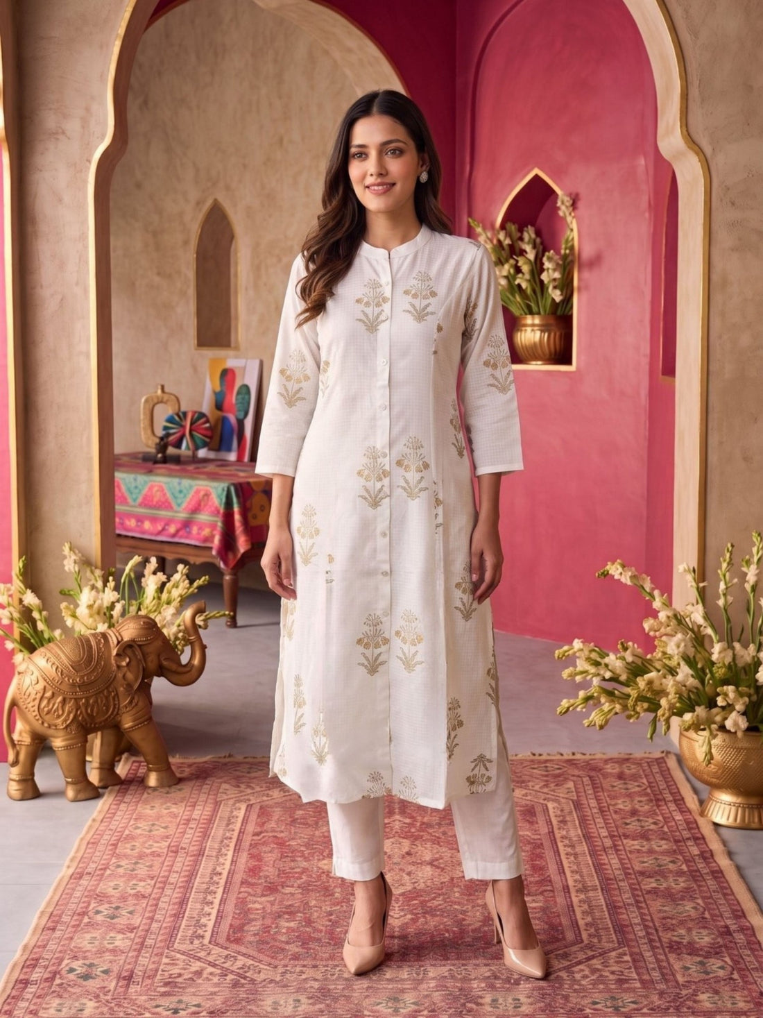 Buy Rayon Printed A-Line Calf Length Kurta-Off White