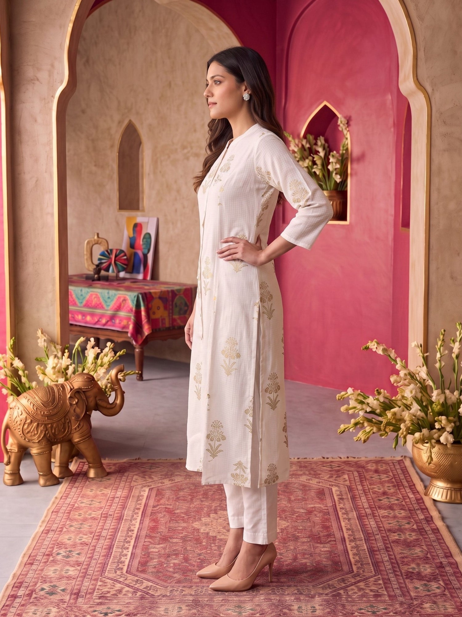 Buy Rayon Printed A-Line Calf Length Kurta-Off White