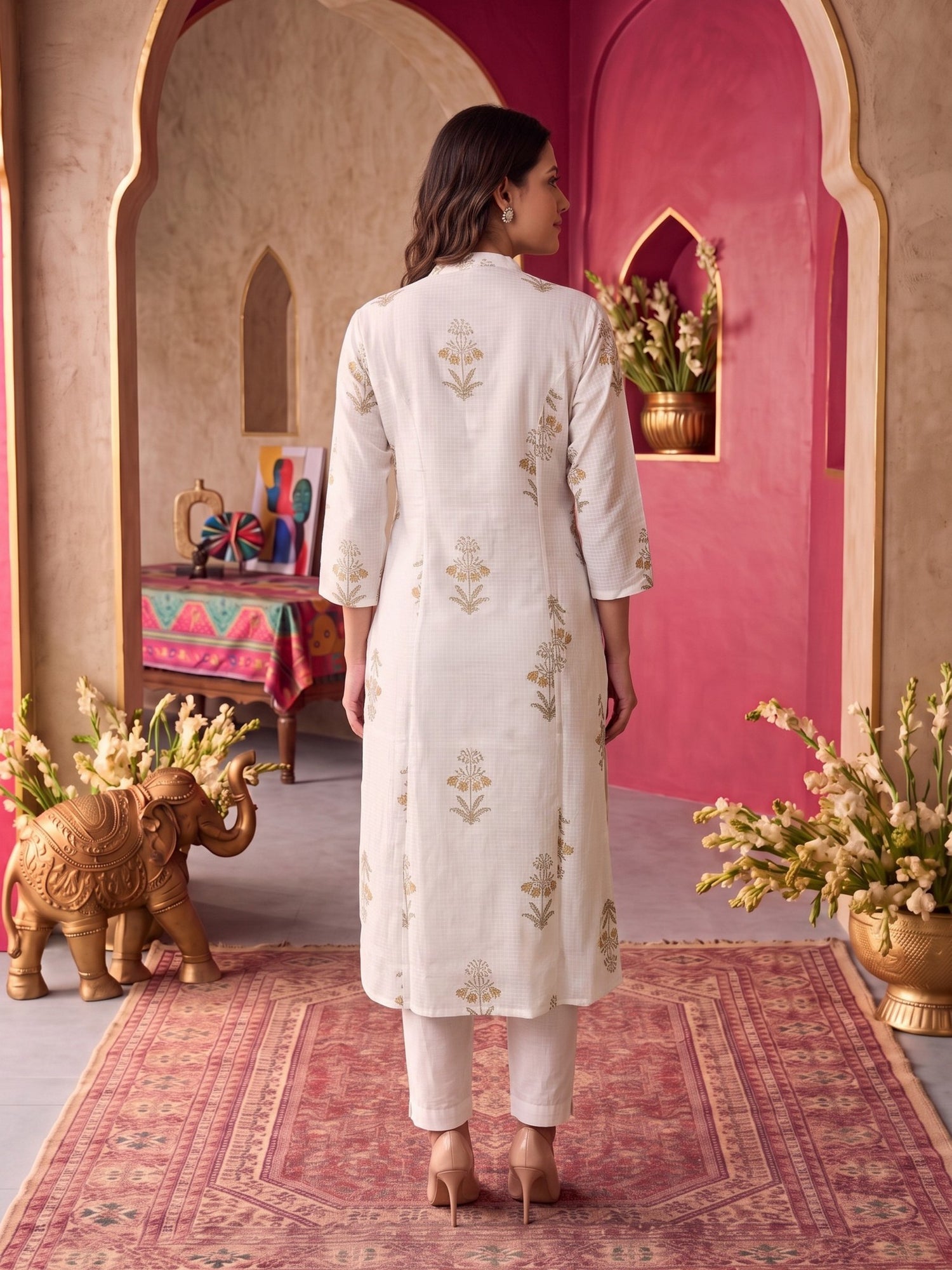 Buy Rayon Printed A-Line Calf Length Kurta-Off White
