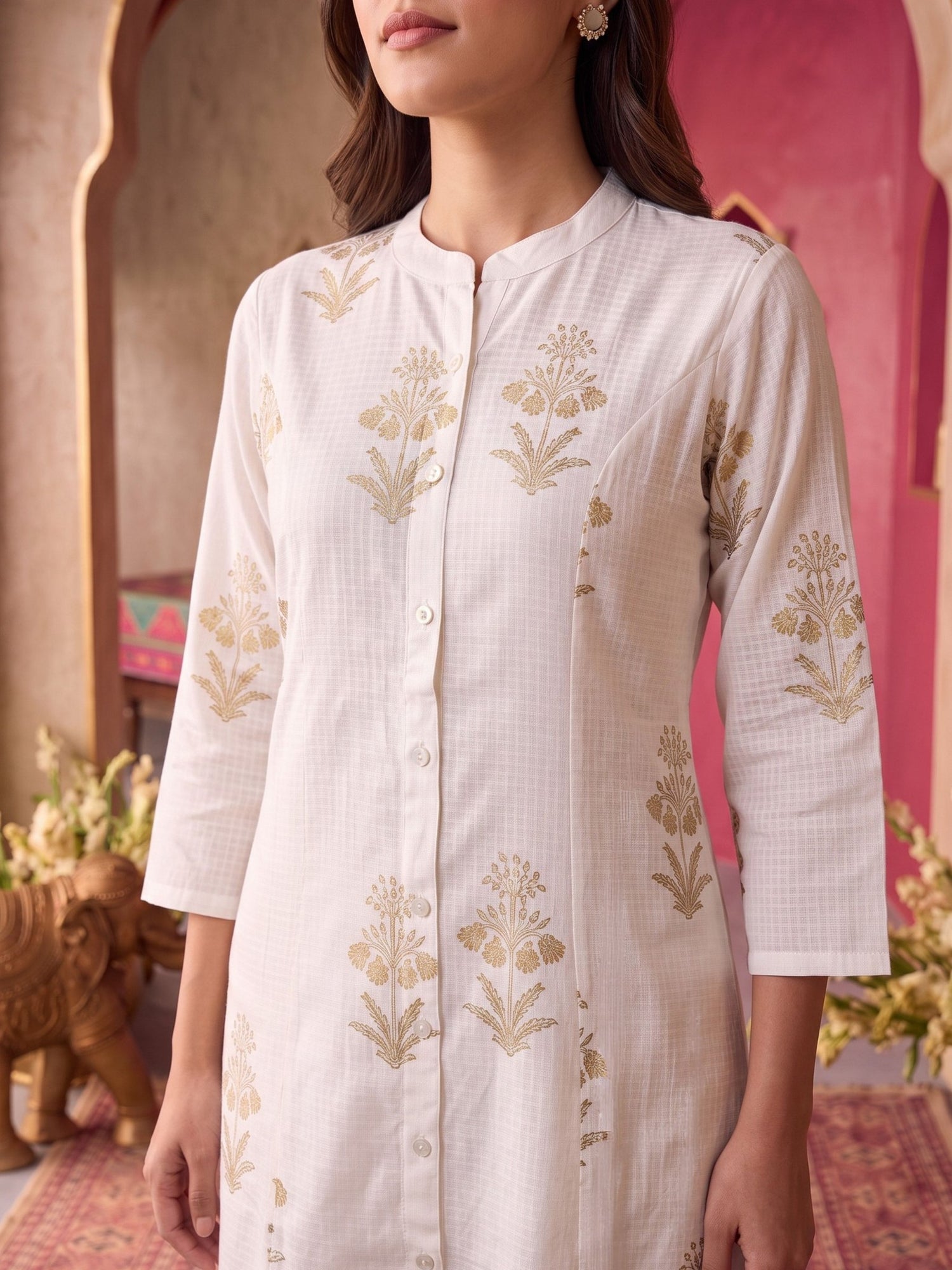 Buy Rayon Printed A-Line Calf Length Kurta-Off White