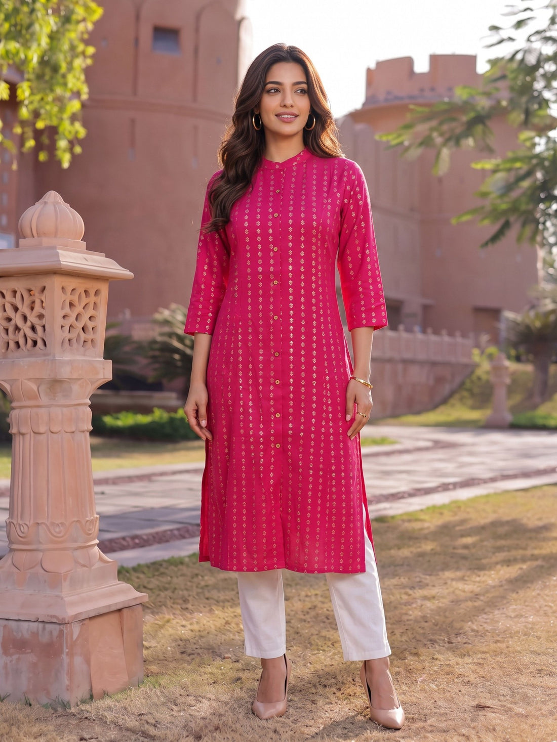 Buy Rayon Printed A-Line Calf Length Kurta-Pink