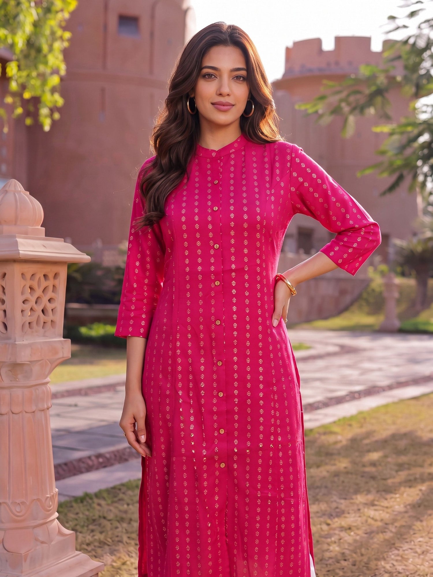 Buy Rayon Printed A-Line Calf Length Kurta-Pink