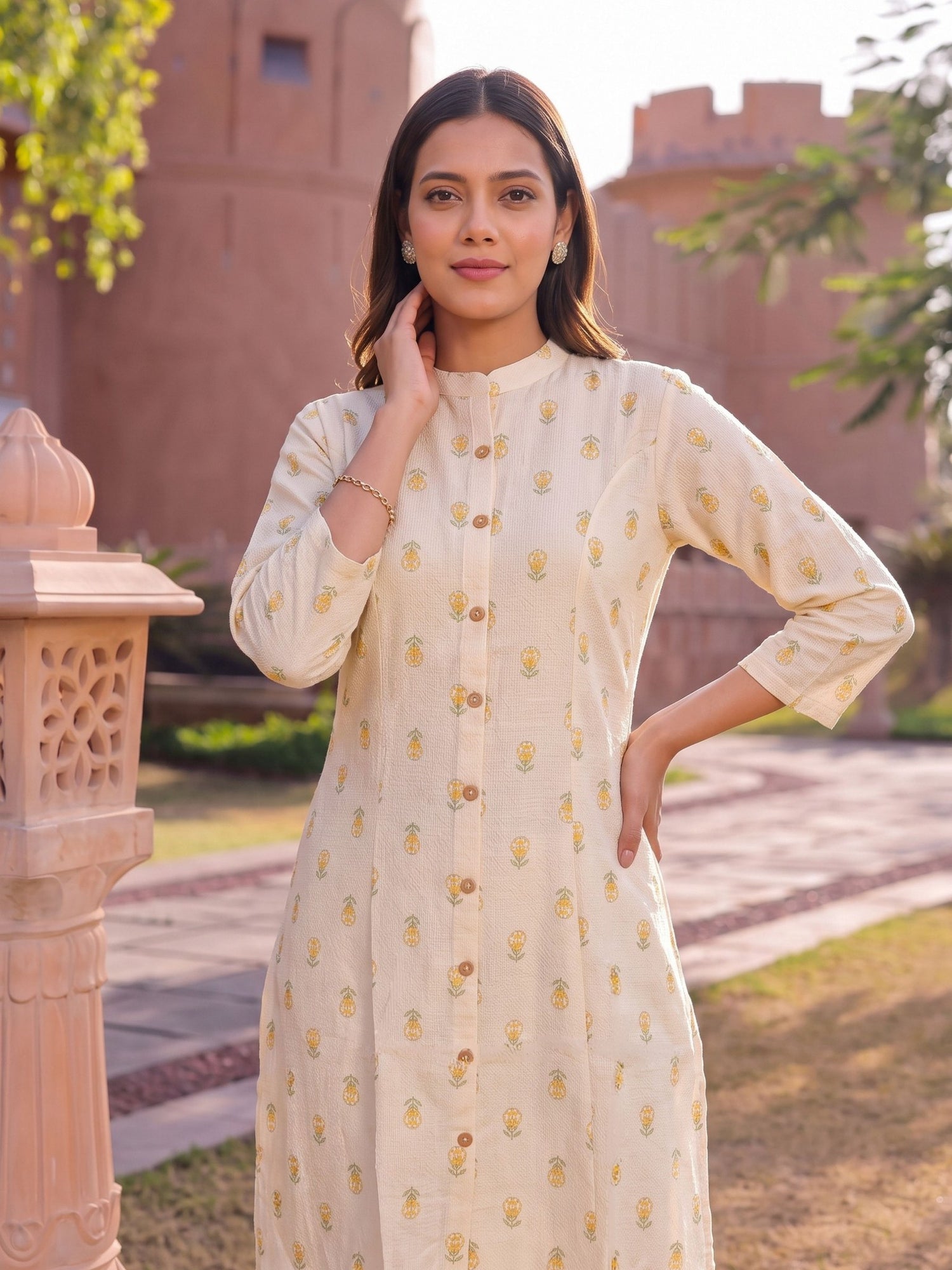 Buy Viscose Printed A-Line Calf Length Kurta-Beige