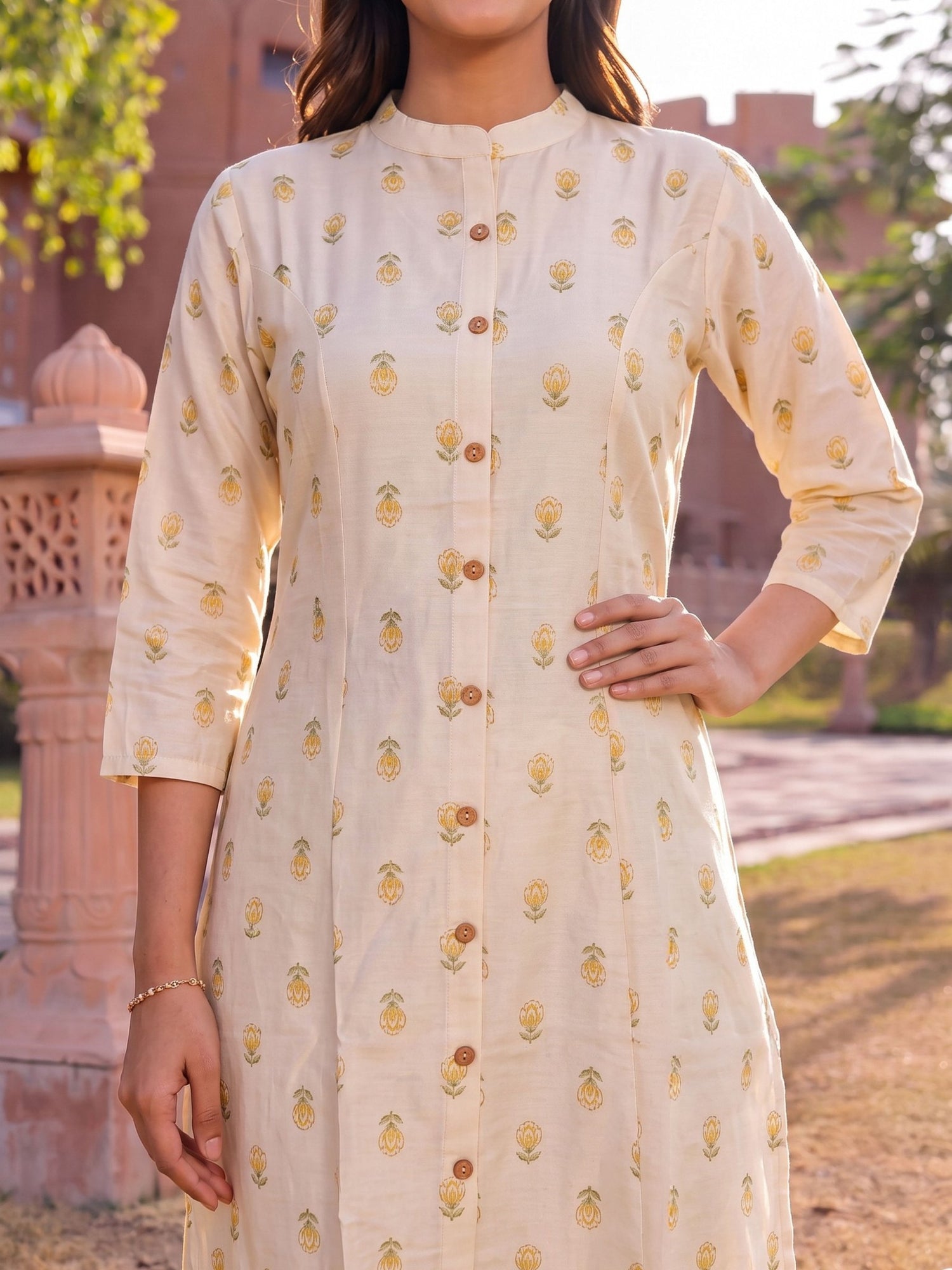 Buy Viscose Printed A-Line Calf Length Kurta-Beige