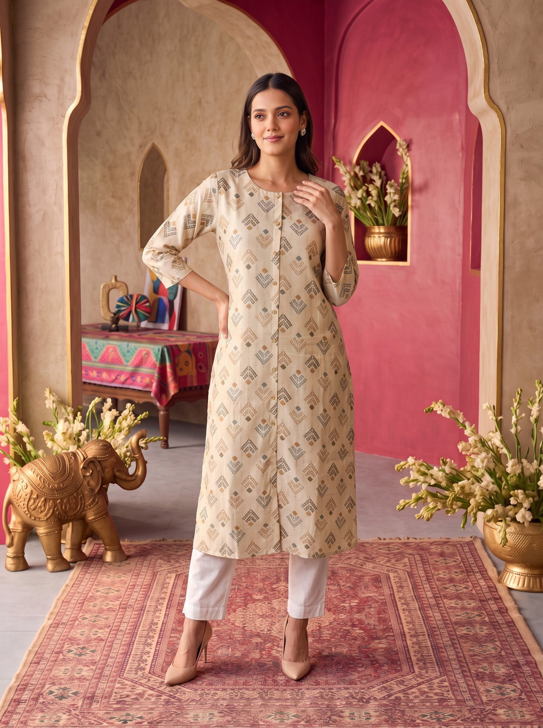 Buy Viscose Printed A-Line Calf Length Kurta-Beige