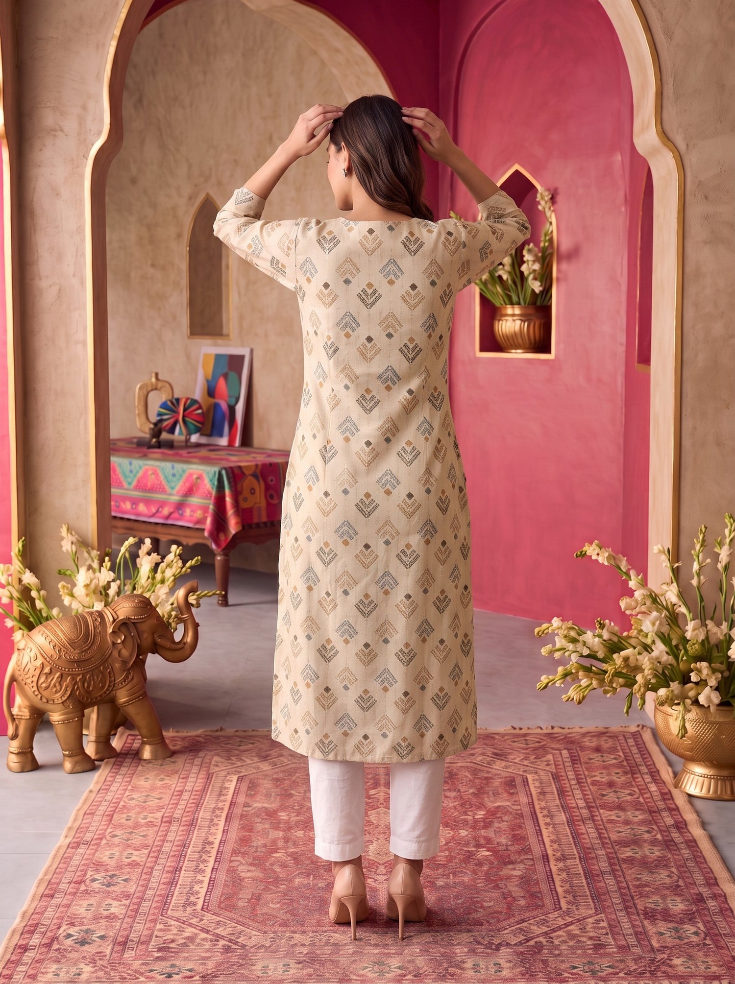 Buy Viscose Printed A-Line Calf Length Kurta-Beige