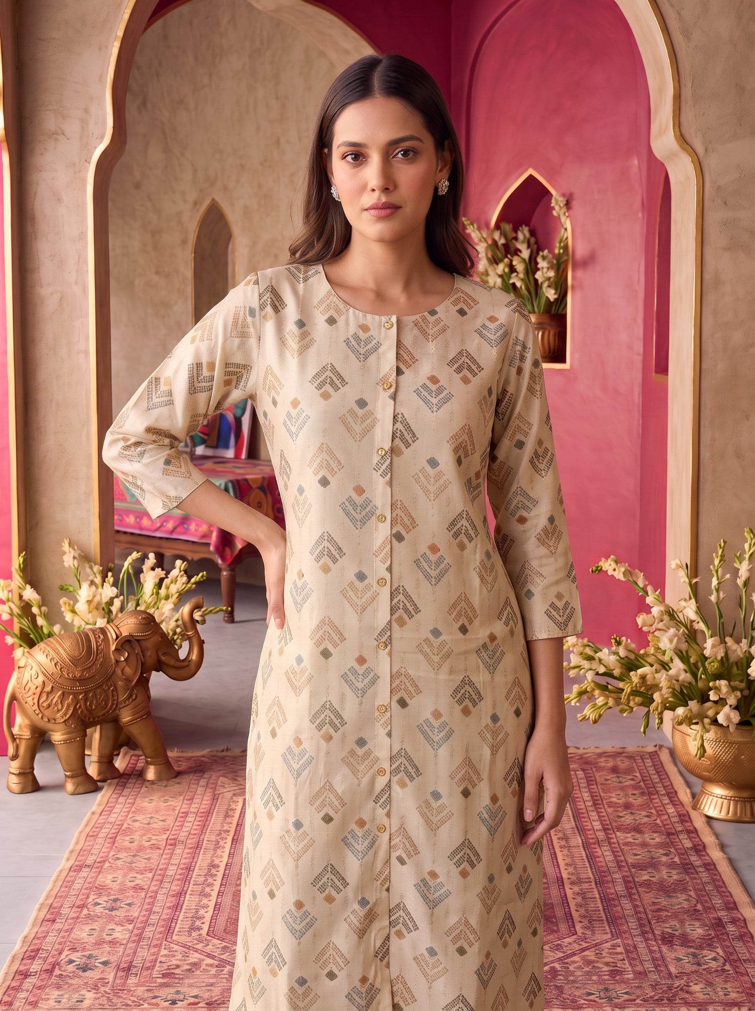 Buy Viscose Printed A-Line Calf Length Kurta-Beige