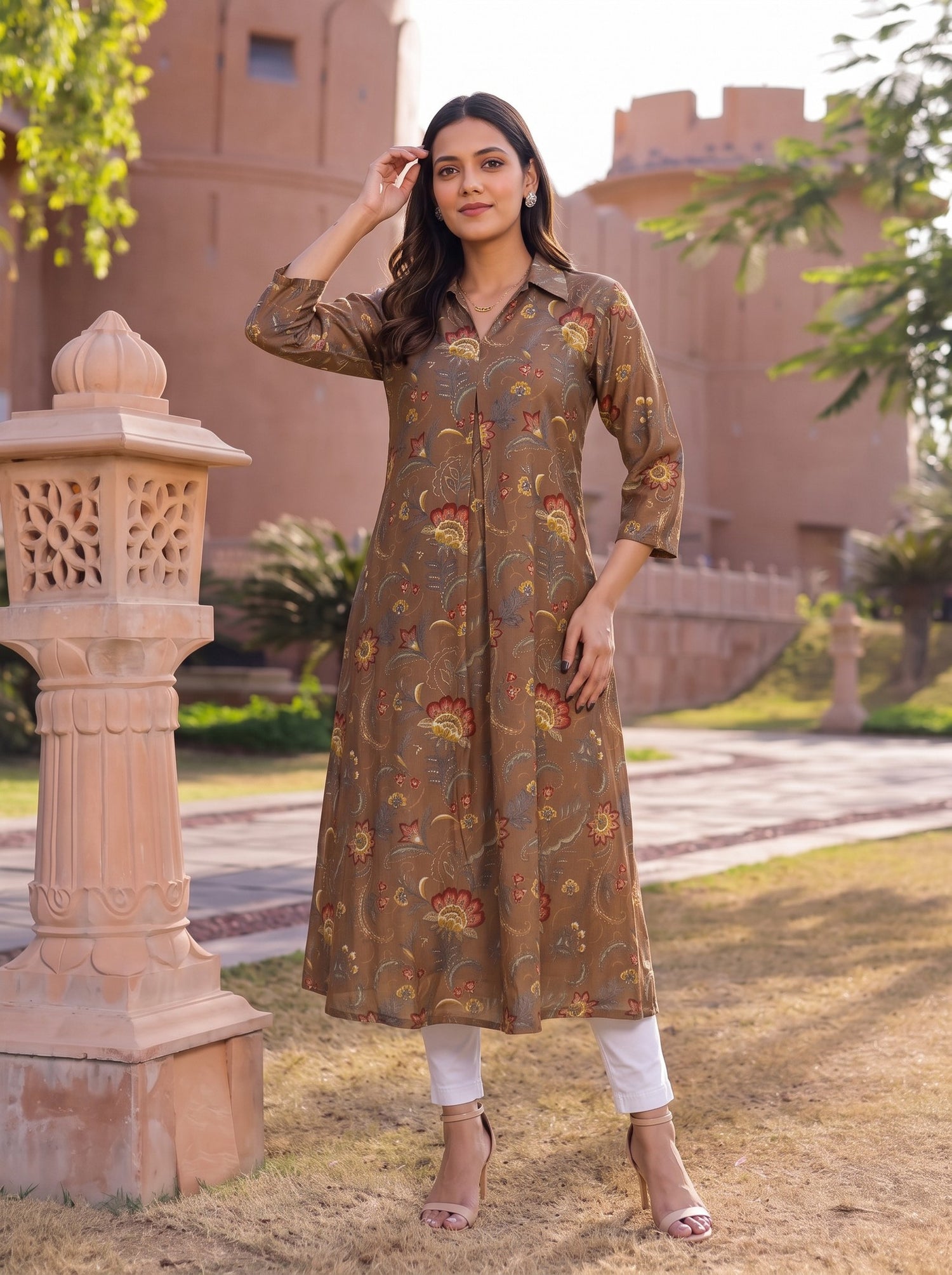 Buy Viscose Printed A-Line Calf Length Kurta-Brown