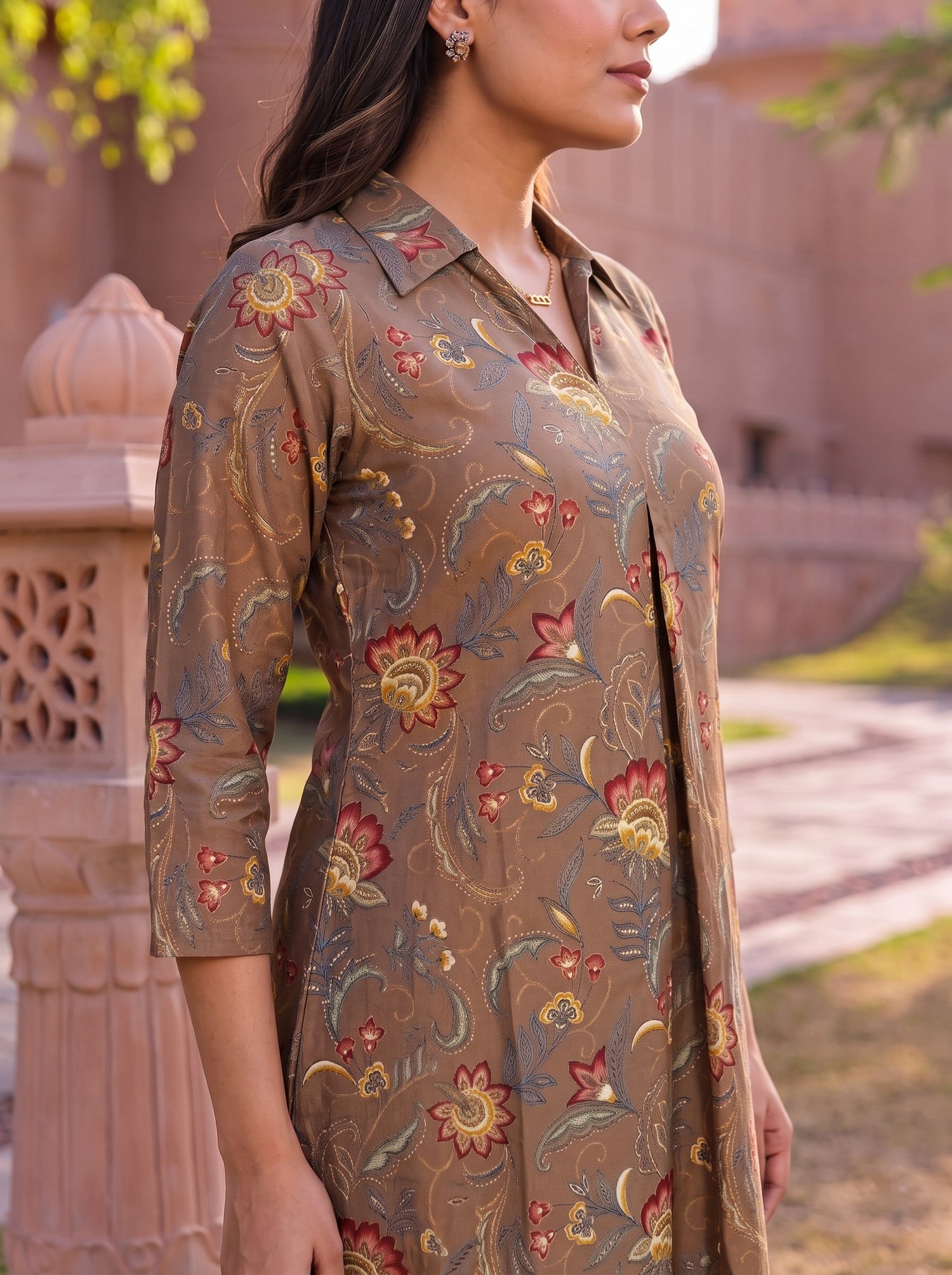 Buy Viscose Printed A-Line Calf Length Kurta-Brown