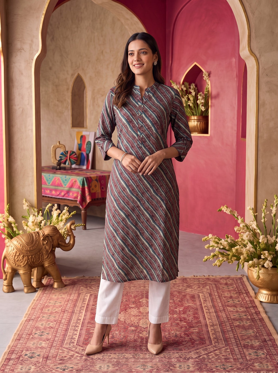 Buy Viscose Printed Straight Calf Length Kurta-Maroon