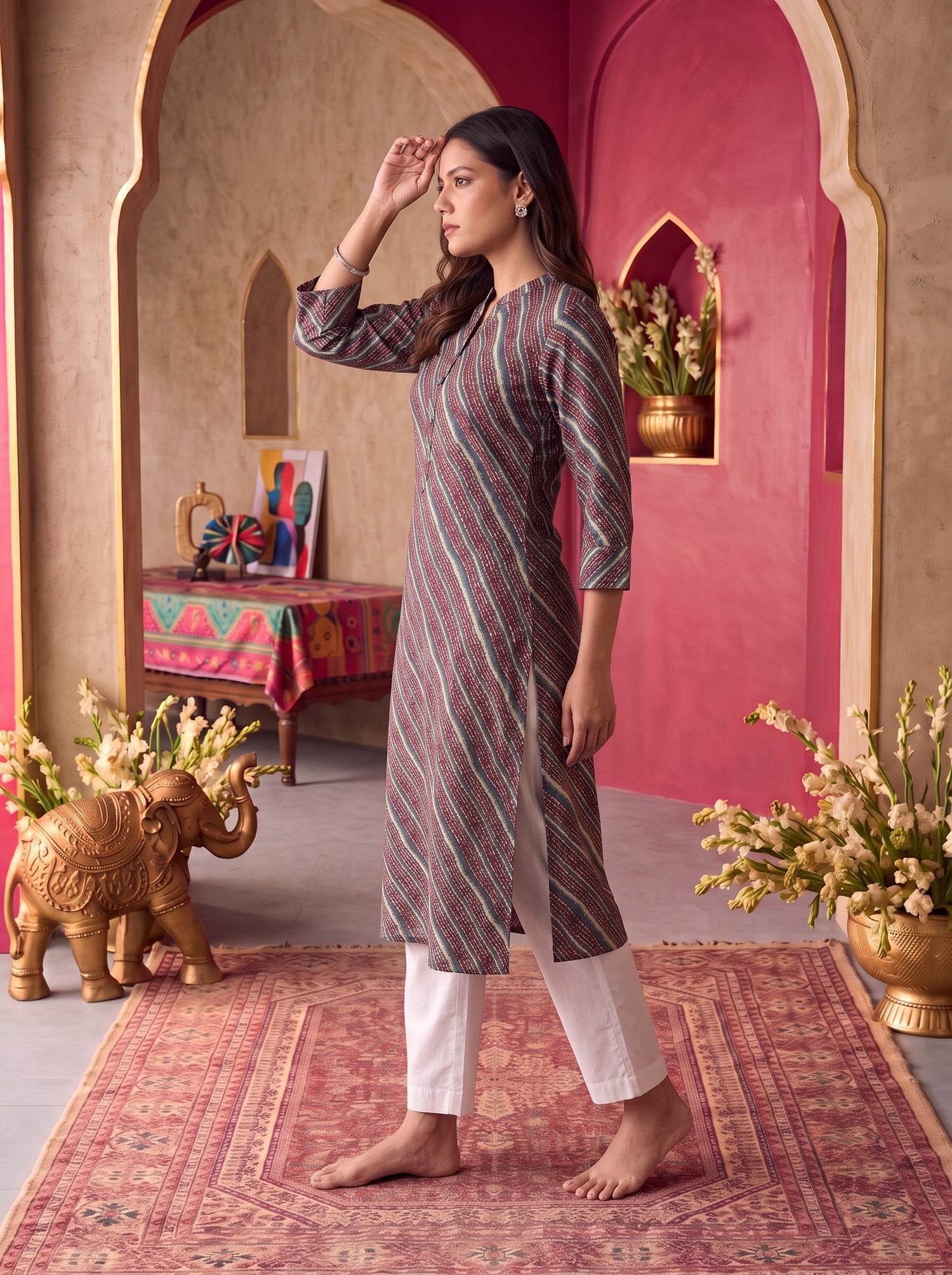 Buy Viscose Printed Straight Calf Length Kurta-Maroon