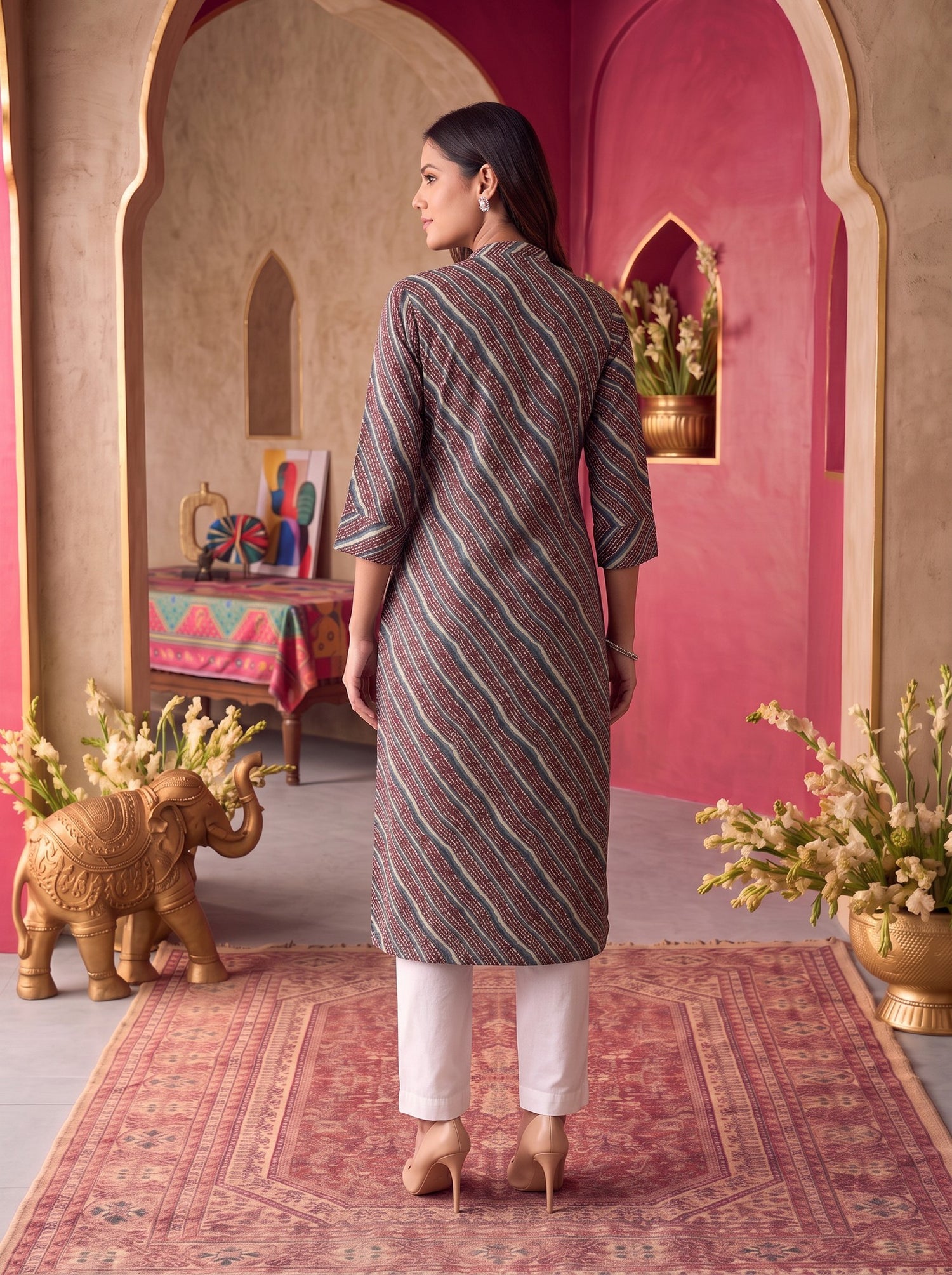 Buy Viscose Printed Straight Calf Length Kurta-Maroon