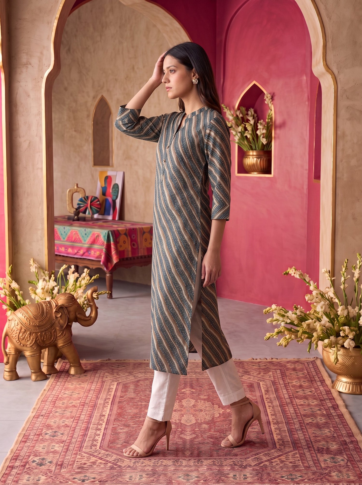 Buy Viscose Printed Straight Calf Length Kurta-Blue