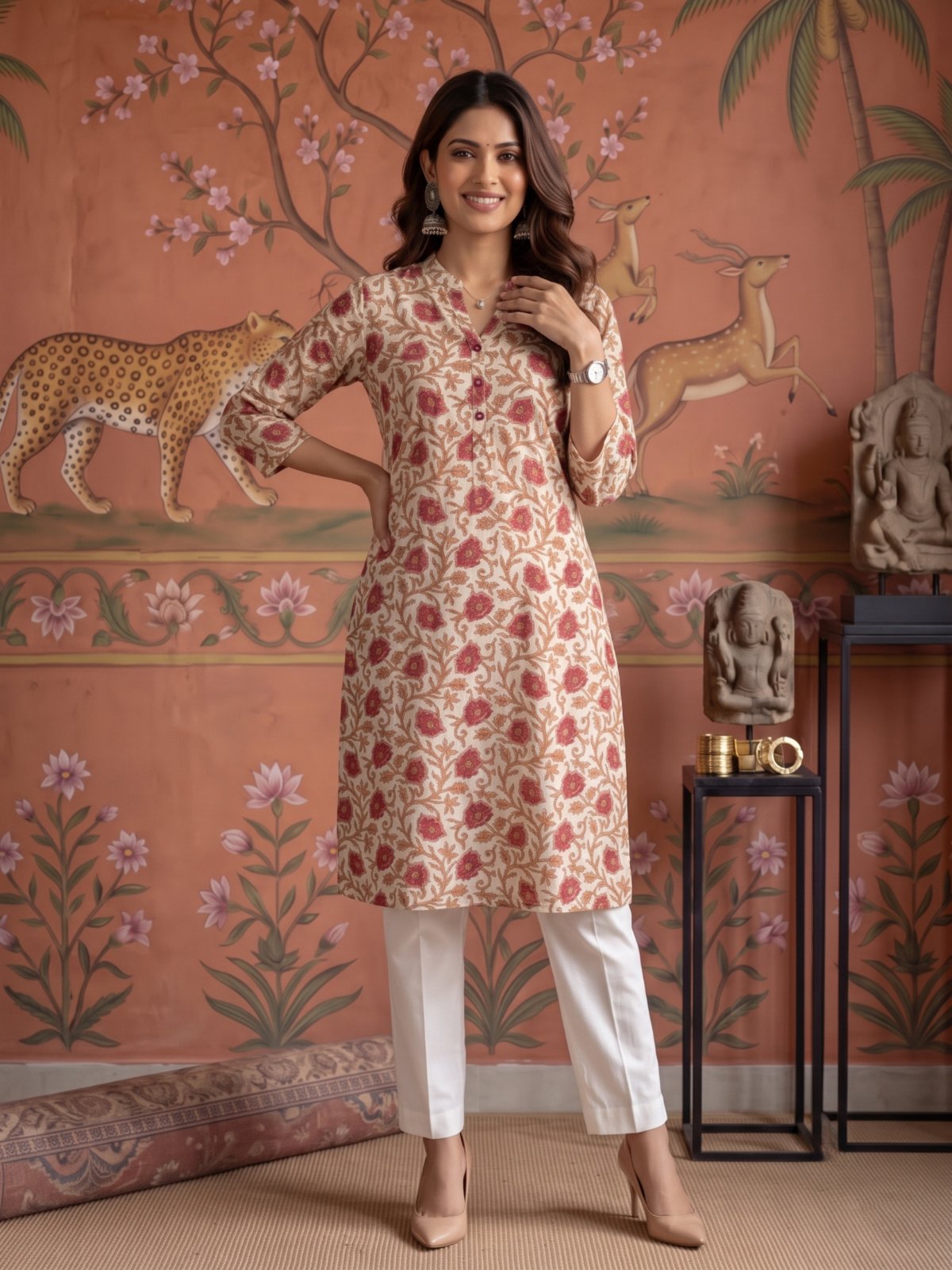 Buy Viscose Printed Straight Knee Length Kurta-Beige