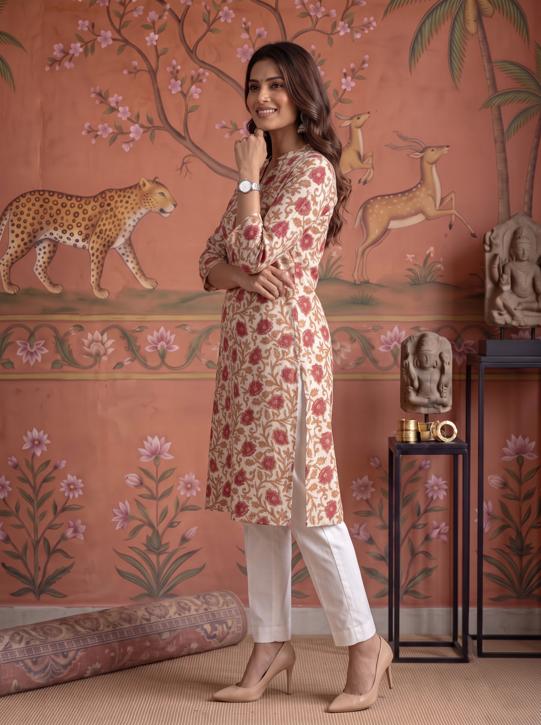 Buy Viscose Printed Straight Knee Length Kurta-Beige
