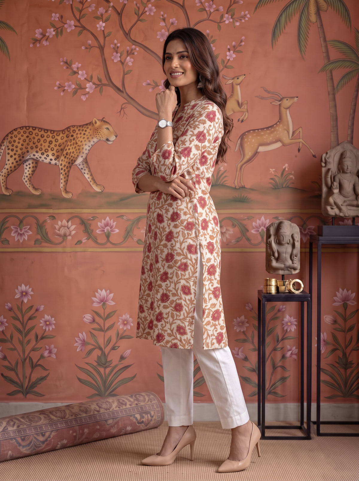 Buy Viscose Printed Straight Knee Length Kurta-Beige