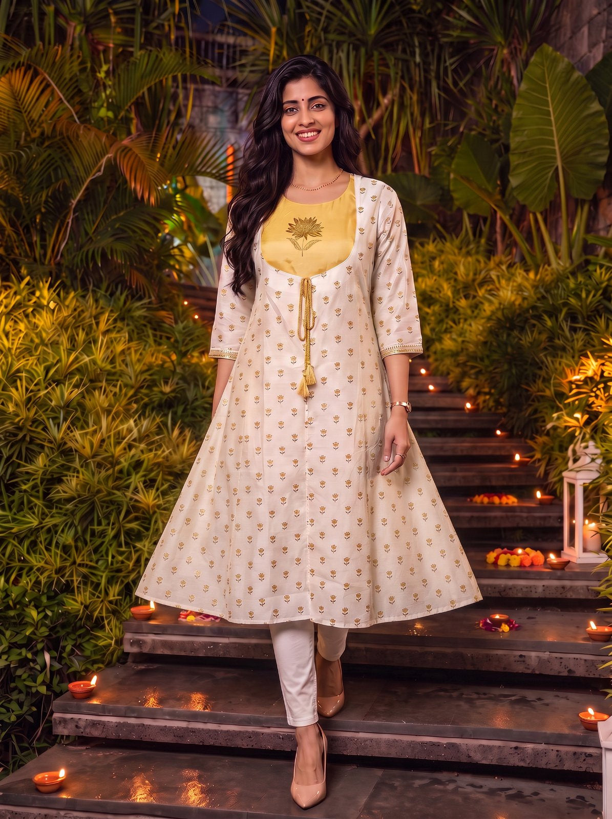 Chanderi Printed Flared Calf Length Kurta