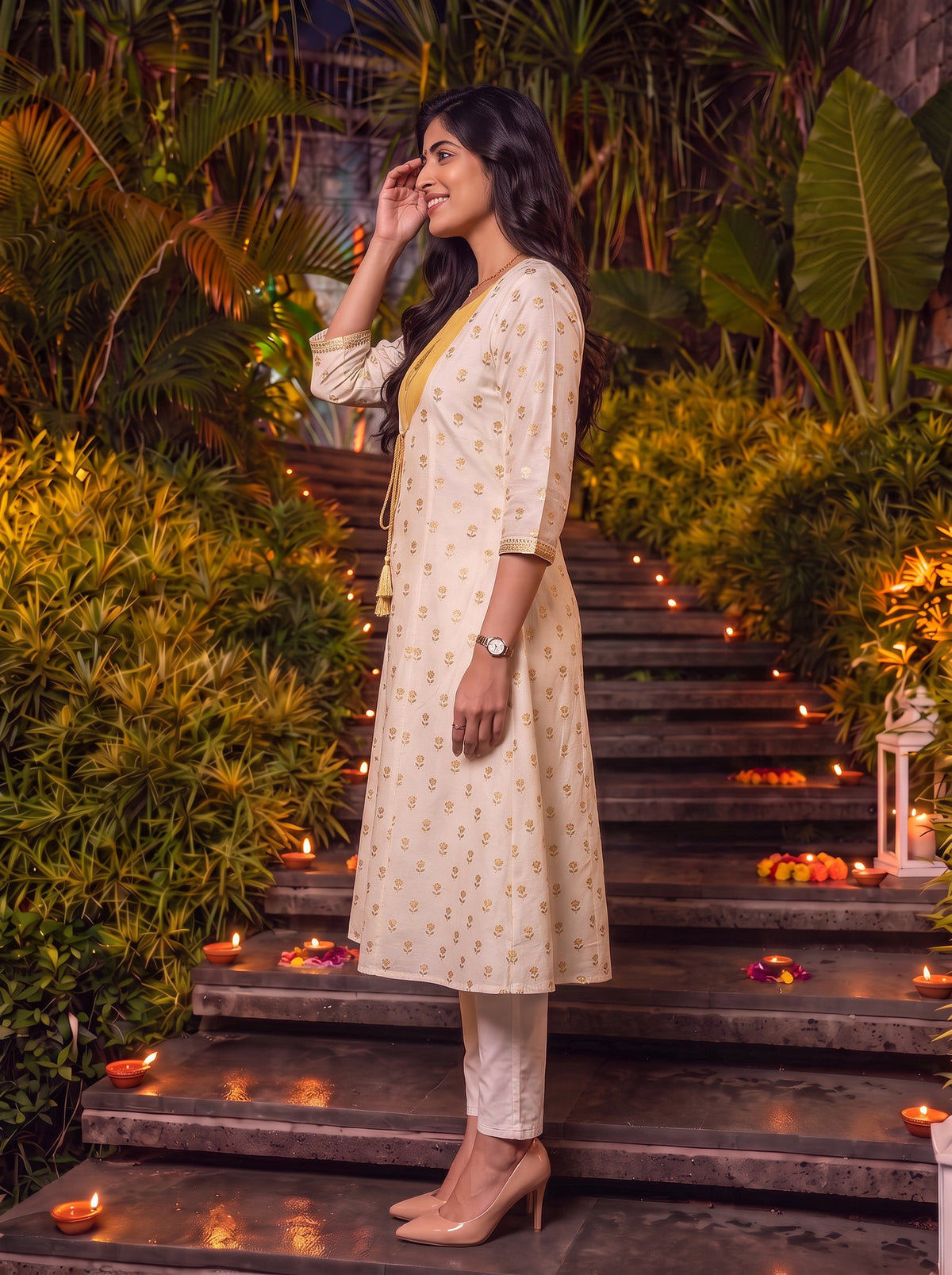 Buy Chanderi Printed Flared Calf Length Kurta-Mustard