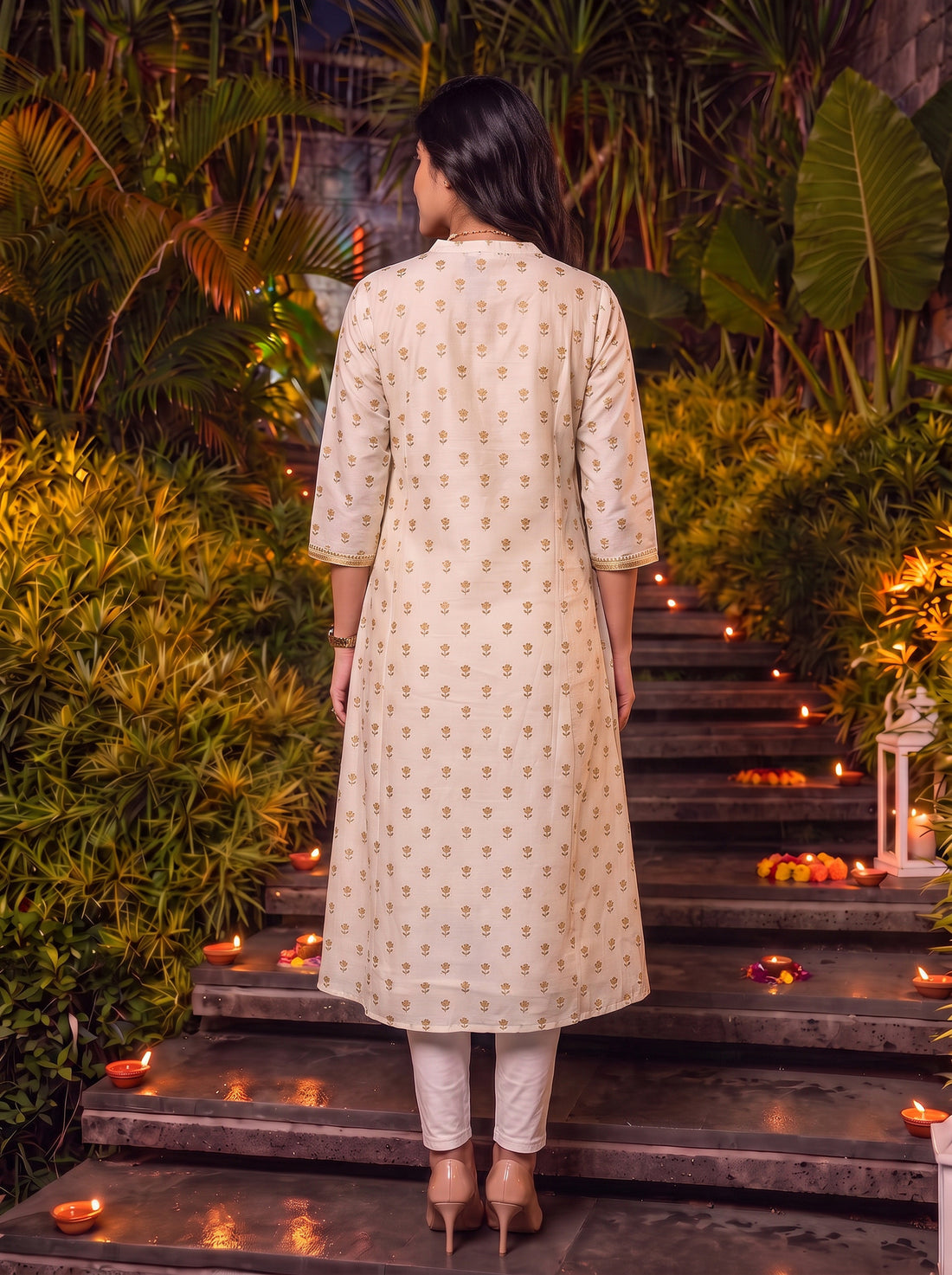 Buy Chanderi Printed Flared Calf Length Kurta-Mustard