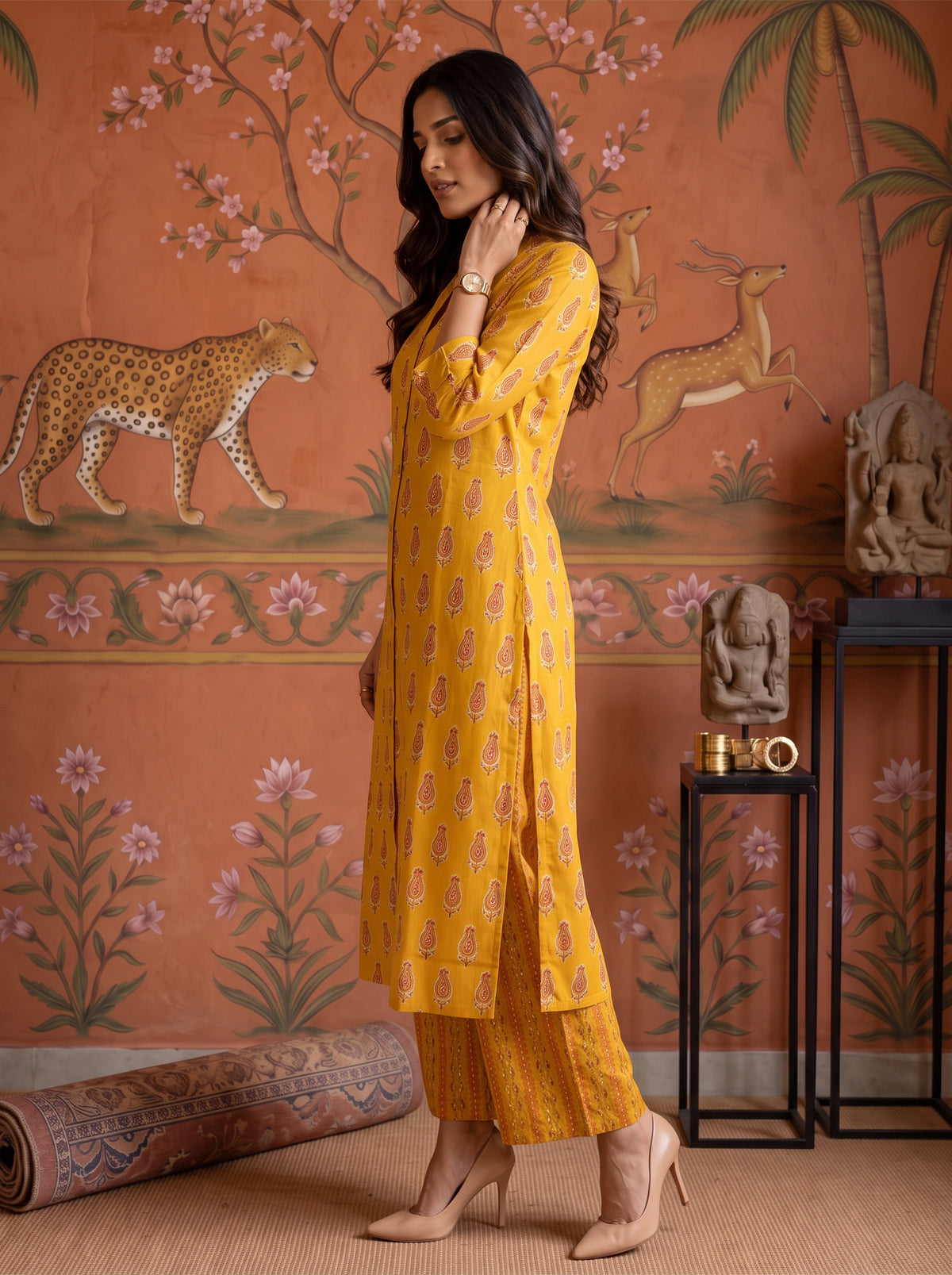 Buy Viscose Printed A-Line Calf Length Kurta With Pant-Mustard