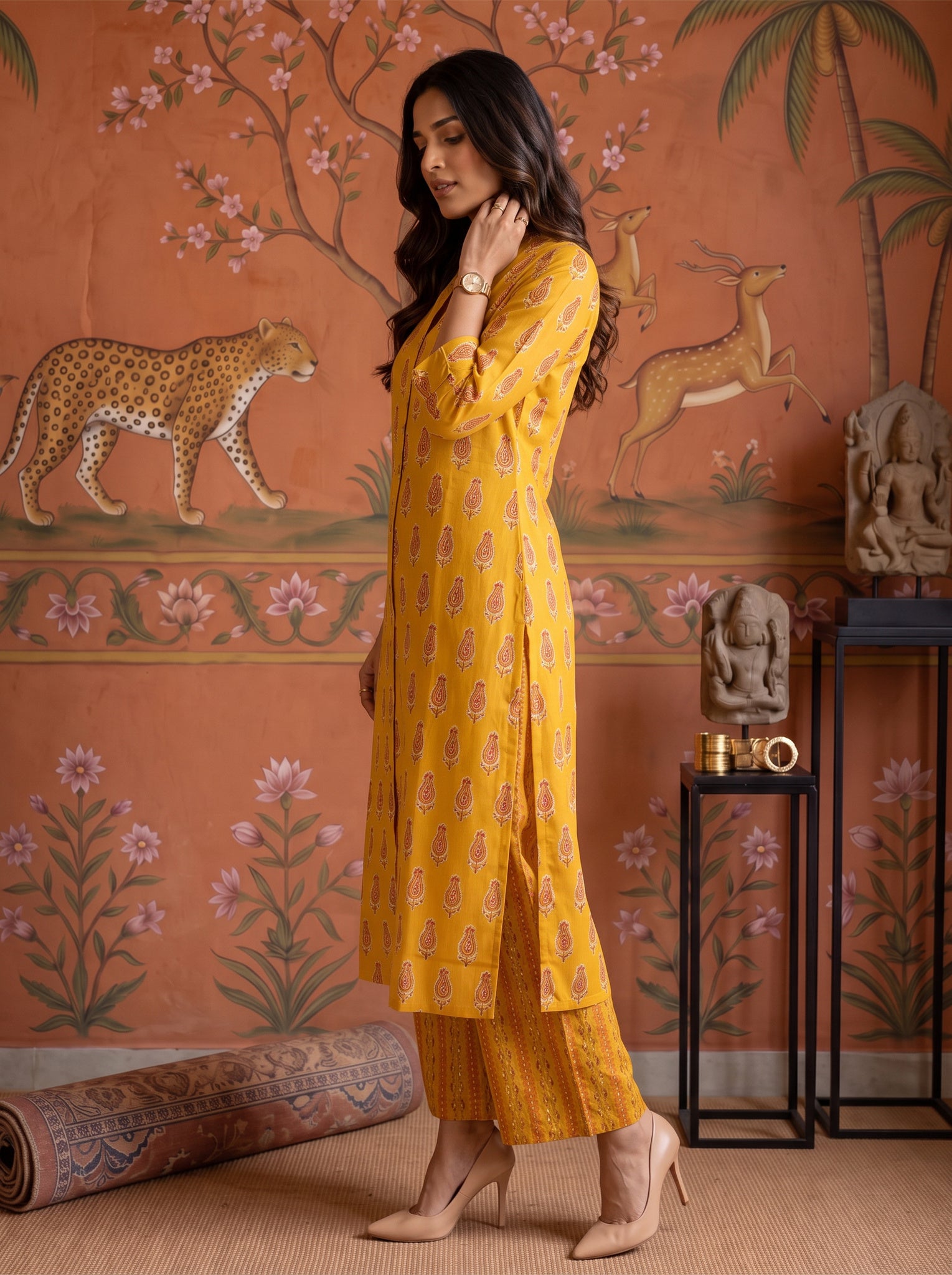 Viscose Printed A-Line Calf Length Kurta With Pant