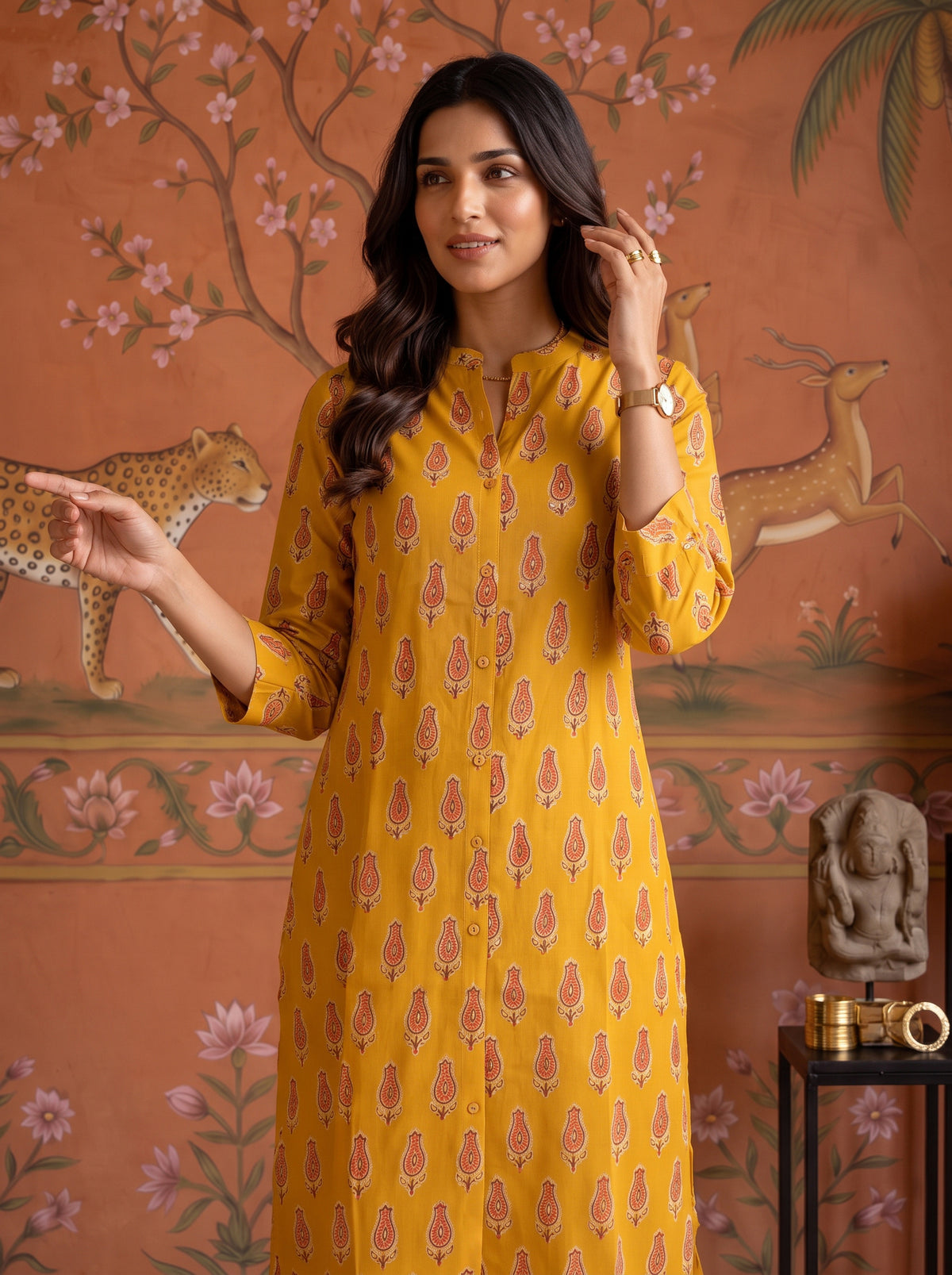 Buy Viscose Printed A-Line Calf Length Kurta With Pant-Mustard