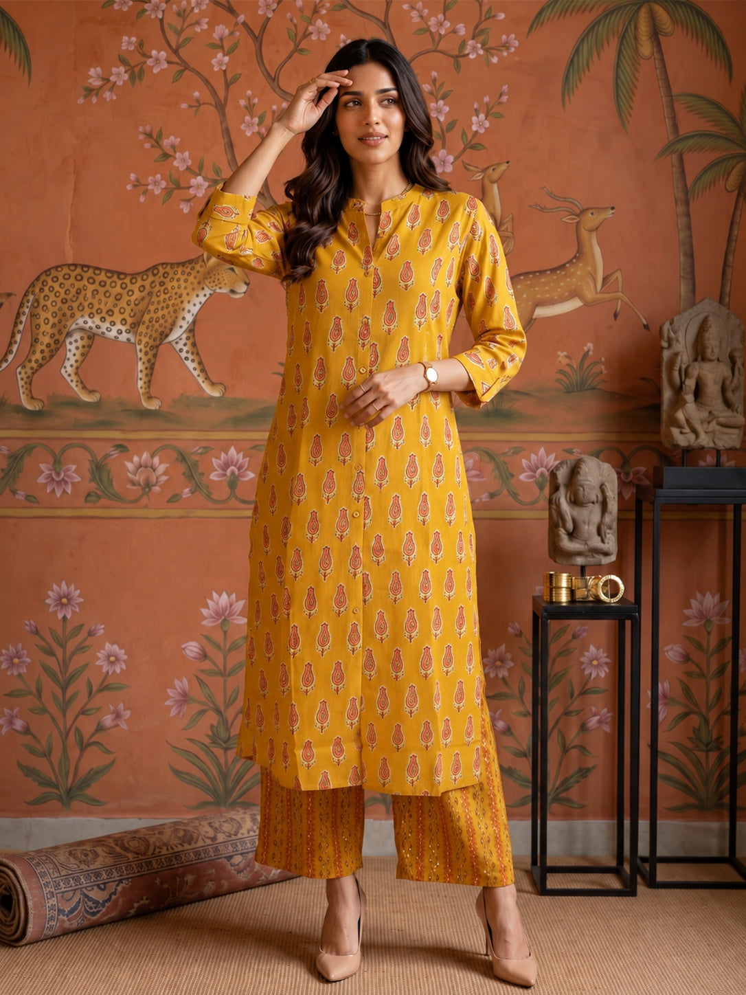 Viscose Printed A-Line Calf Length Kurta With Pant