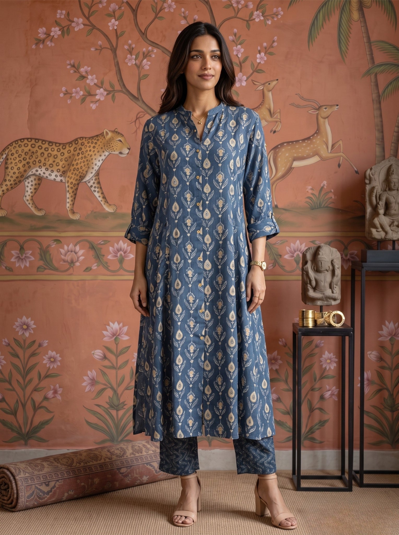 Cotton Printed A-Line Calf Length Kurta With Pant