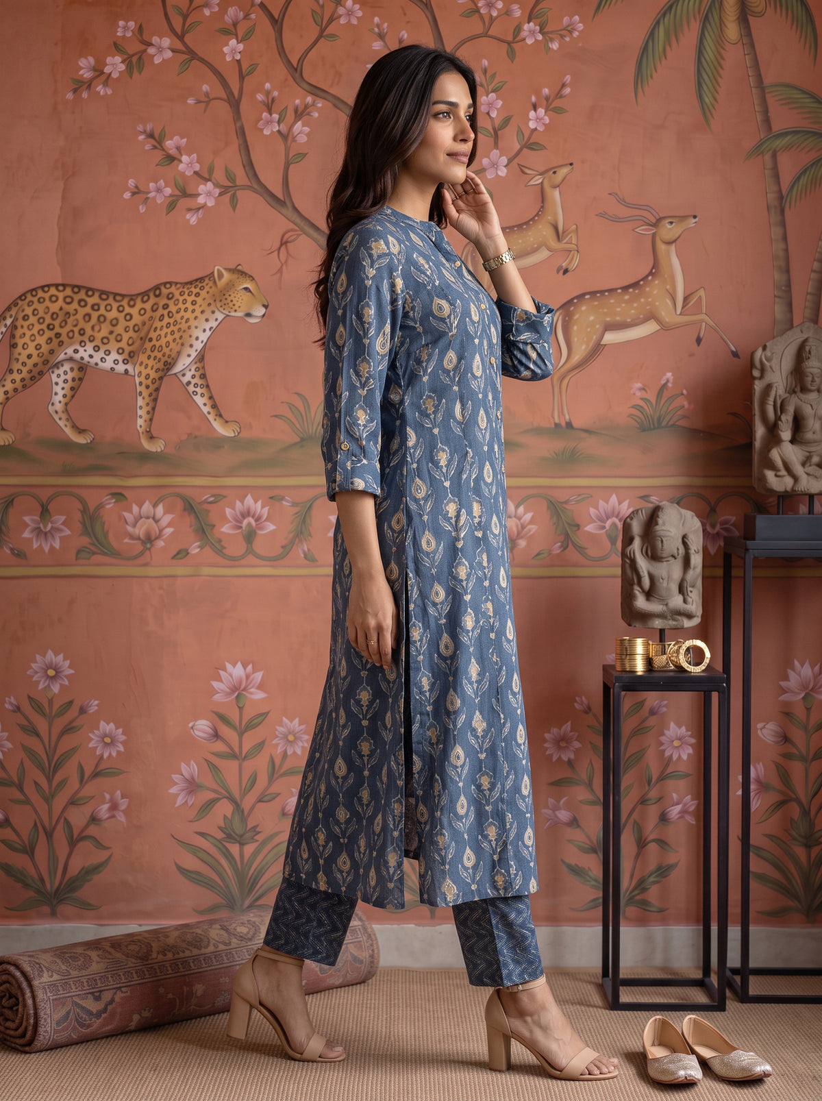 Buy Cotton Printed A-Line Calf Length Kurta With Pant-Blue