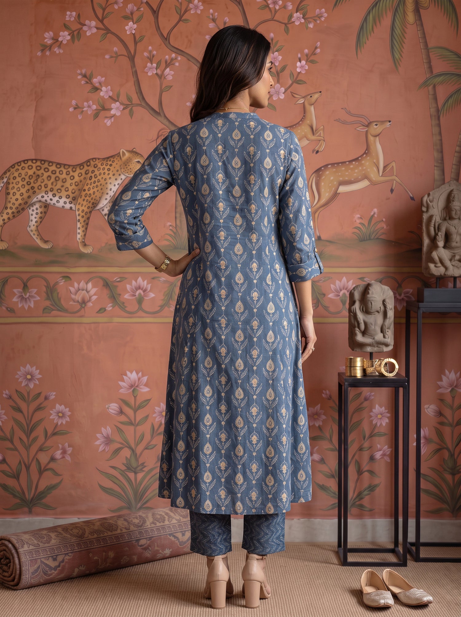 Buy Cotton Printed A-Line Calf Length Kurta With Pant-Blue