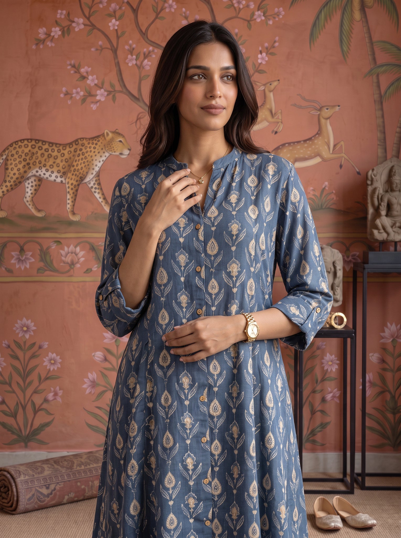 Cotton Printed A-Line Calf Length Kurta With Pant