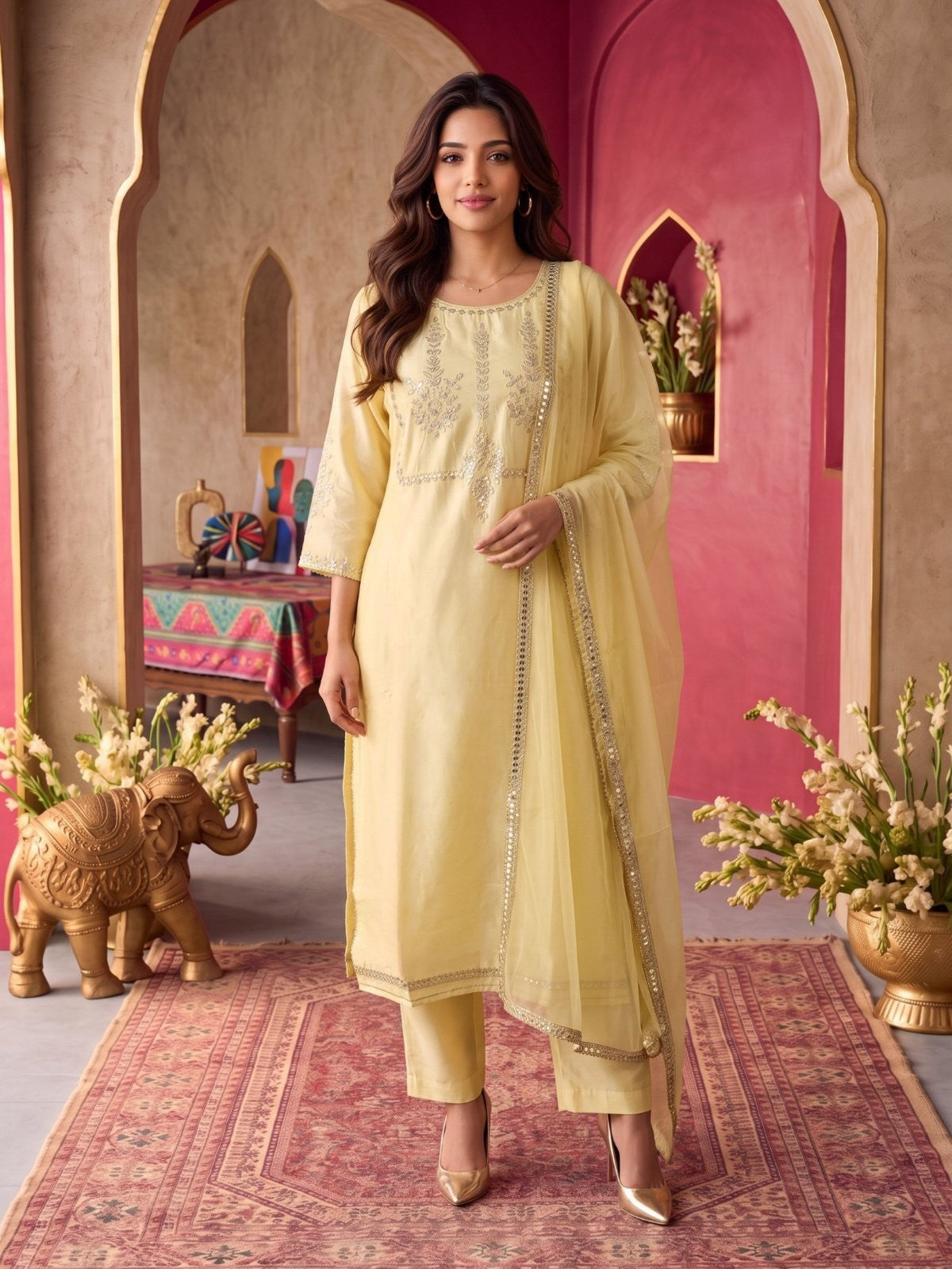 Buy Viscose Embroidered Straight Calf Length Kurta With Pant and Dupatta-Yellow