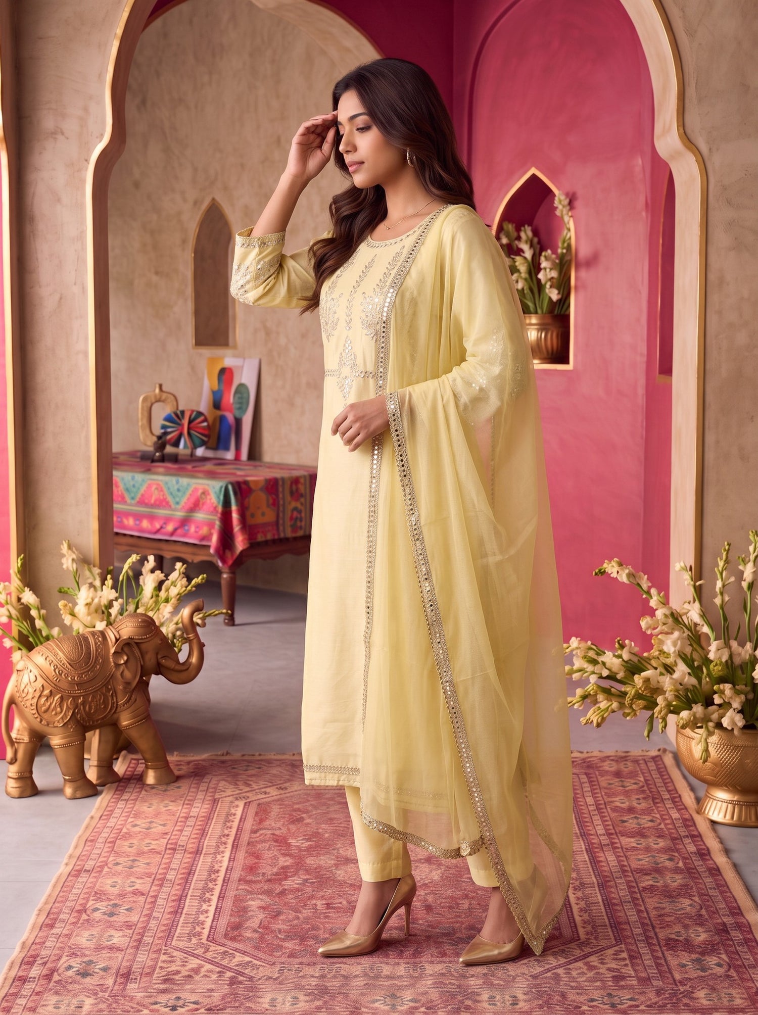 Buy Viscose Embroidered Straight Calf Length Kurta With Pant and Dupatta-Yellow