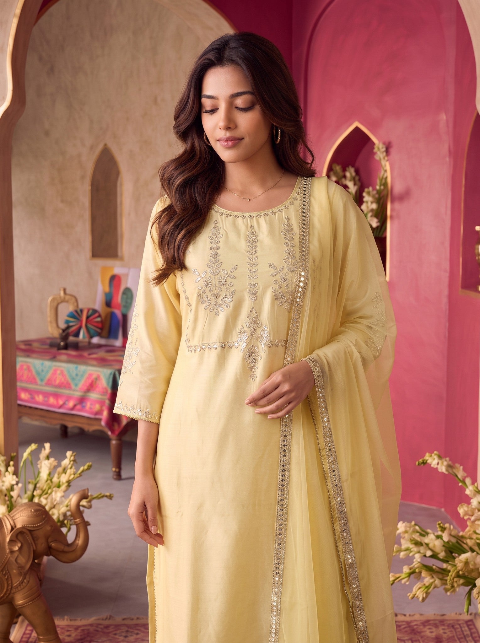 Viscose Embroidered Straight Calf Length Kurta With Pant and Dupatta