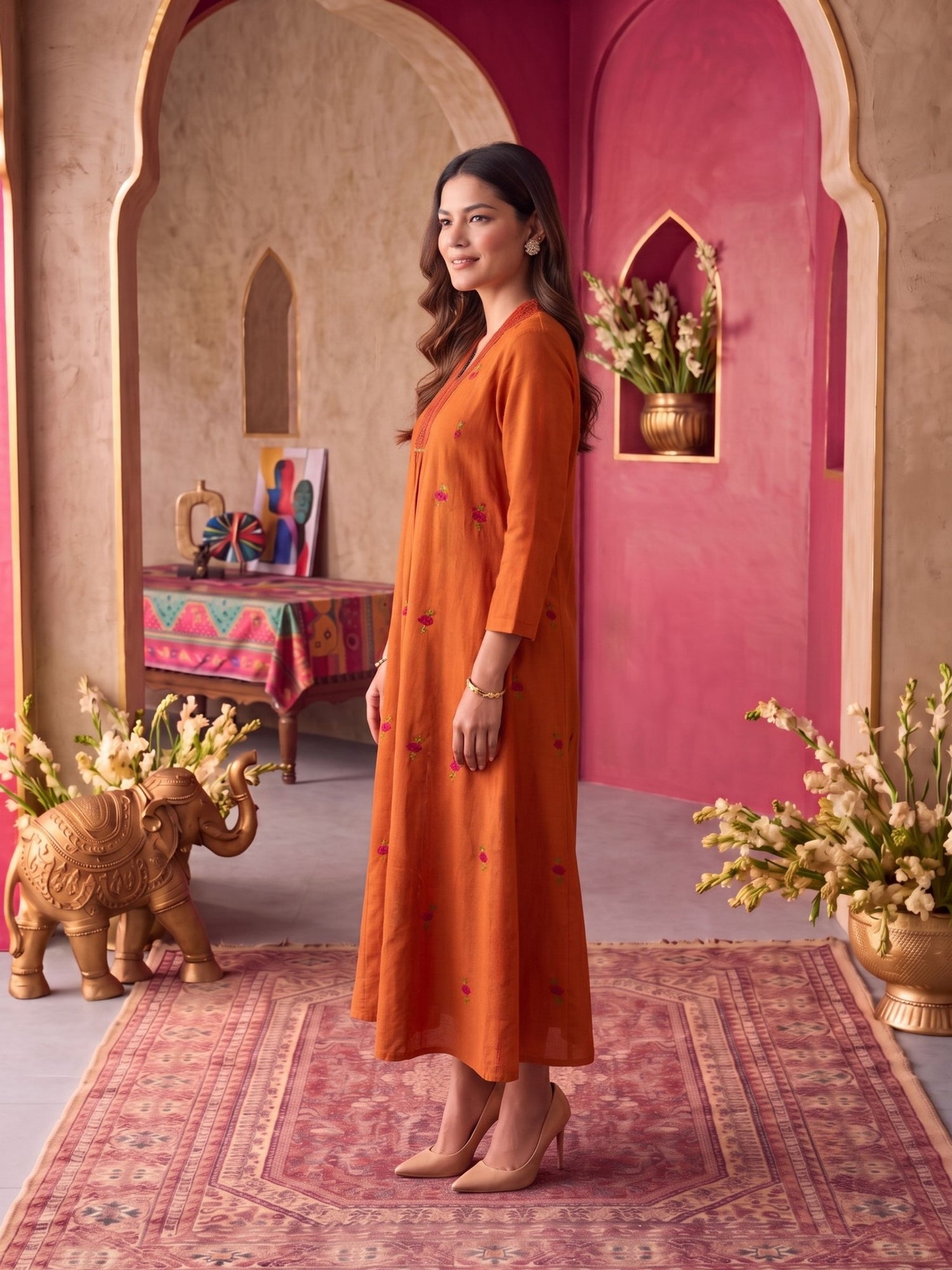 Buy Cotton Embroidered Flared Calf Length Dress-Rust