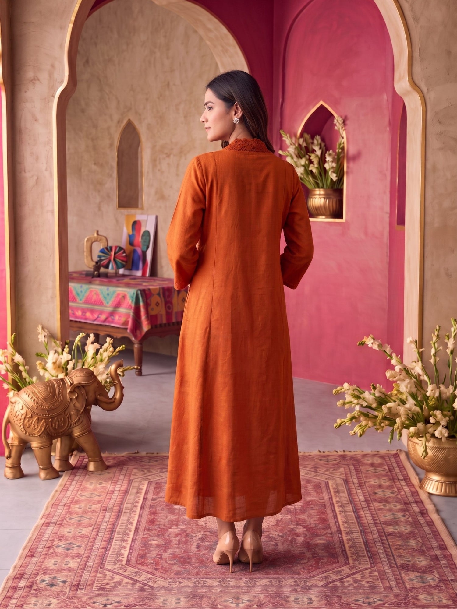 Buy Cotton Embroidered Flared Calf Length Dress-Rust
