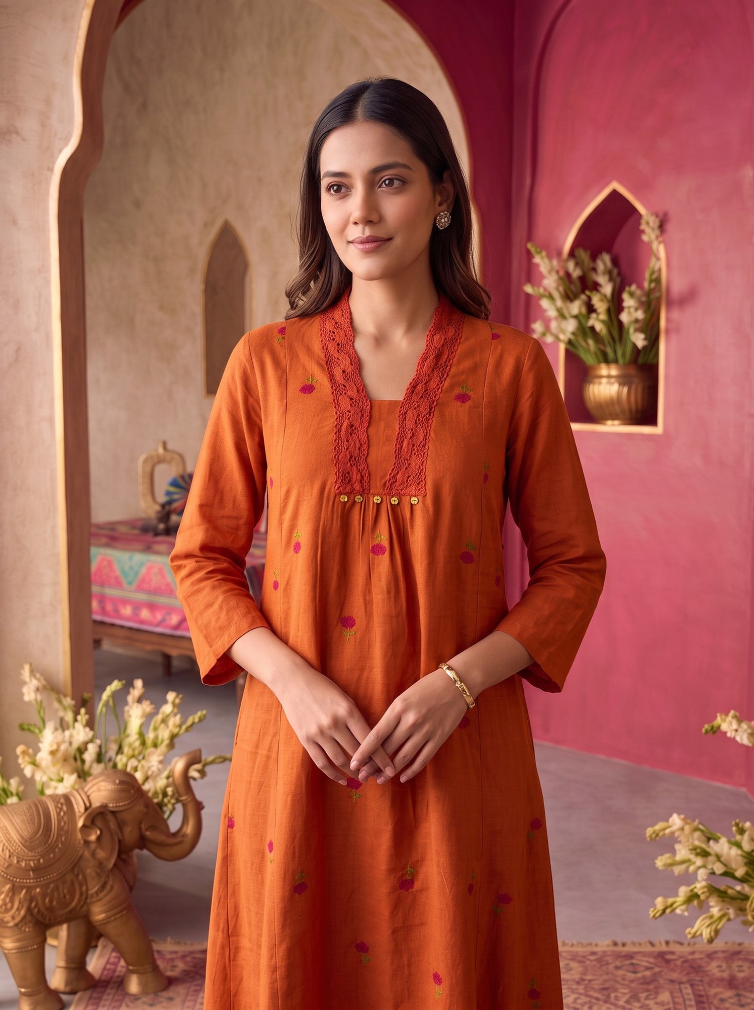 Buy Cotton Embroidered Flared Calf Length Dress-Rust