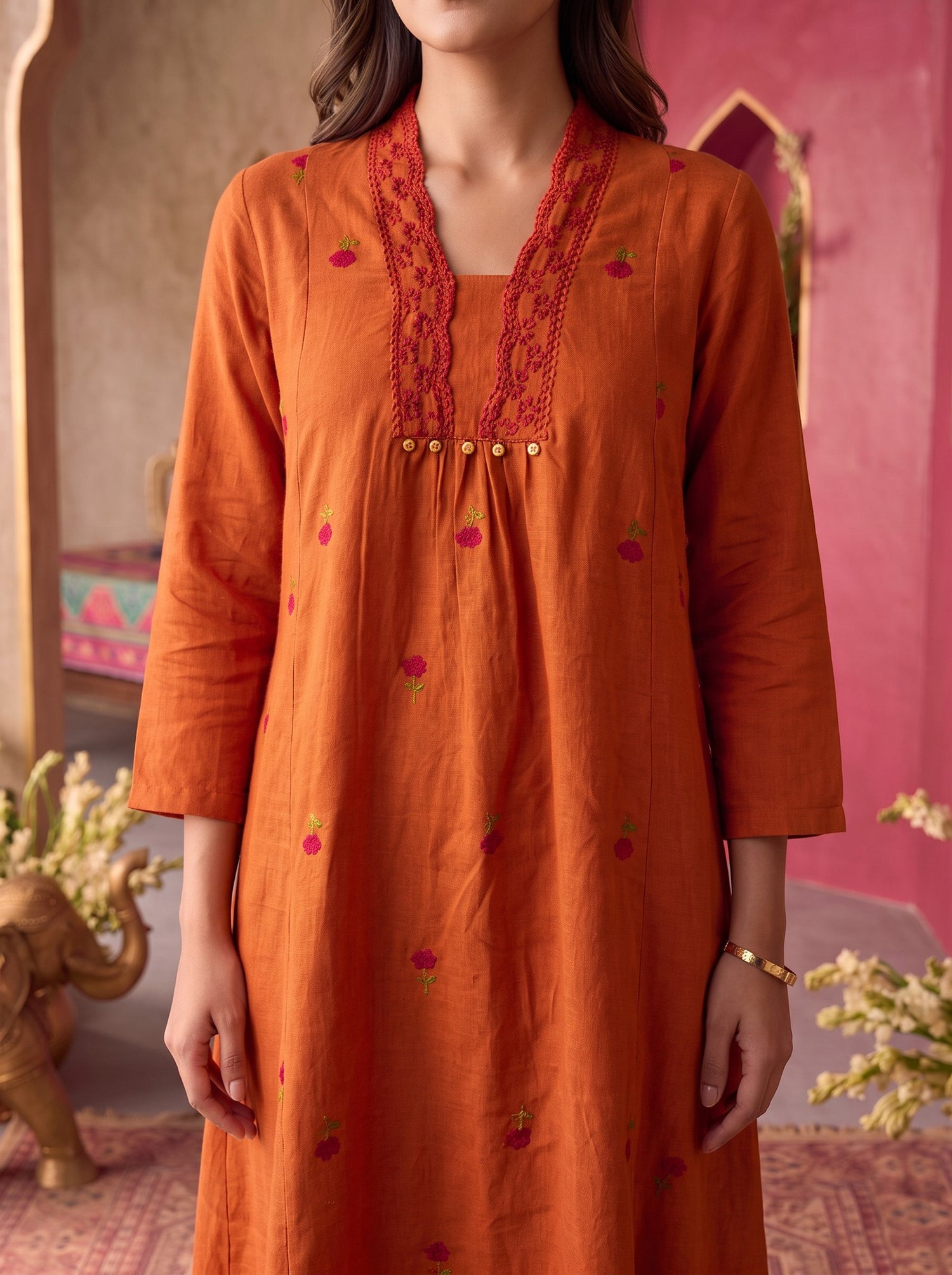 Buy Cotton Embroidered Flared Calf Length Dress-Rust