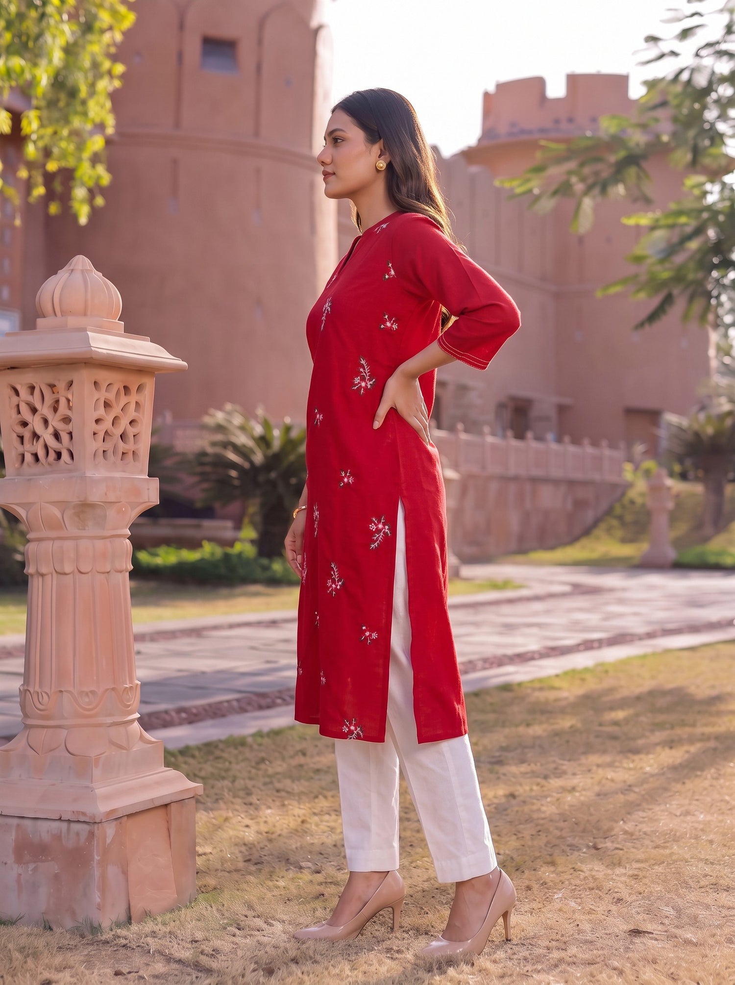 Buy Cotton Embroidered Straight Calf Length Kurta-Pink