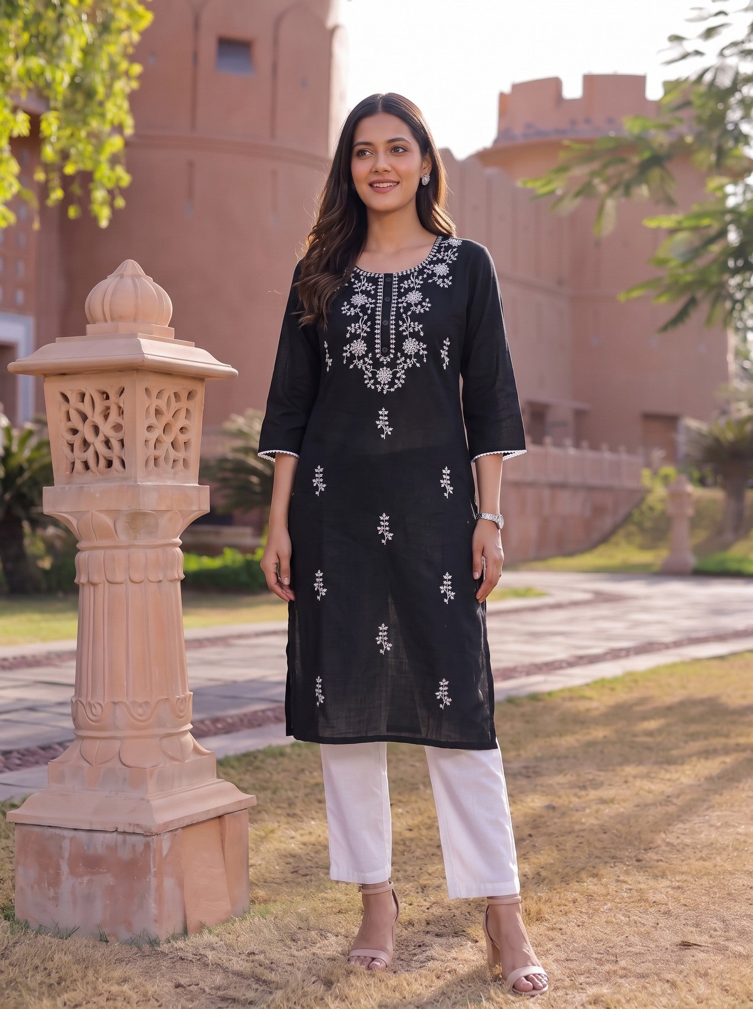 Cotton Embroidered Straight Calf Length Kurta
