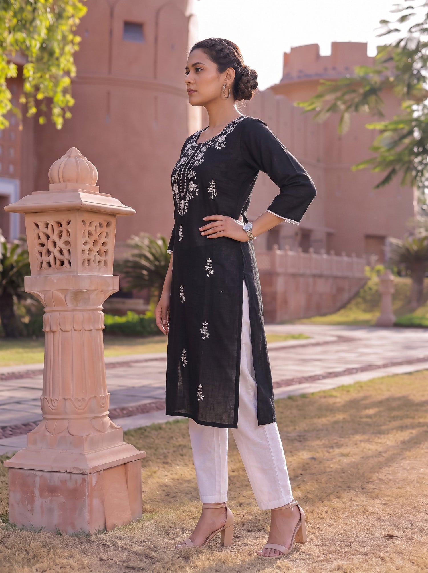 Buy Cotton Embroidered Straight Calf Length Kurta-Black