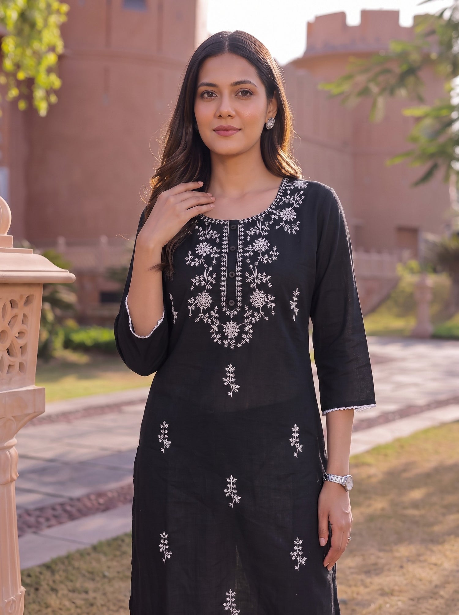 Buy Cotton Embroidered Straight Calf Length Kurta-Black
