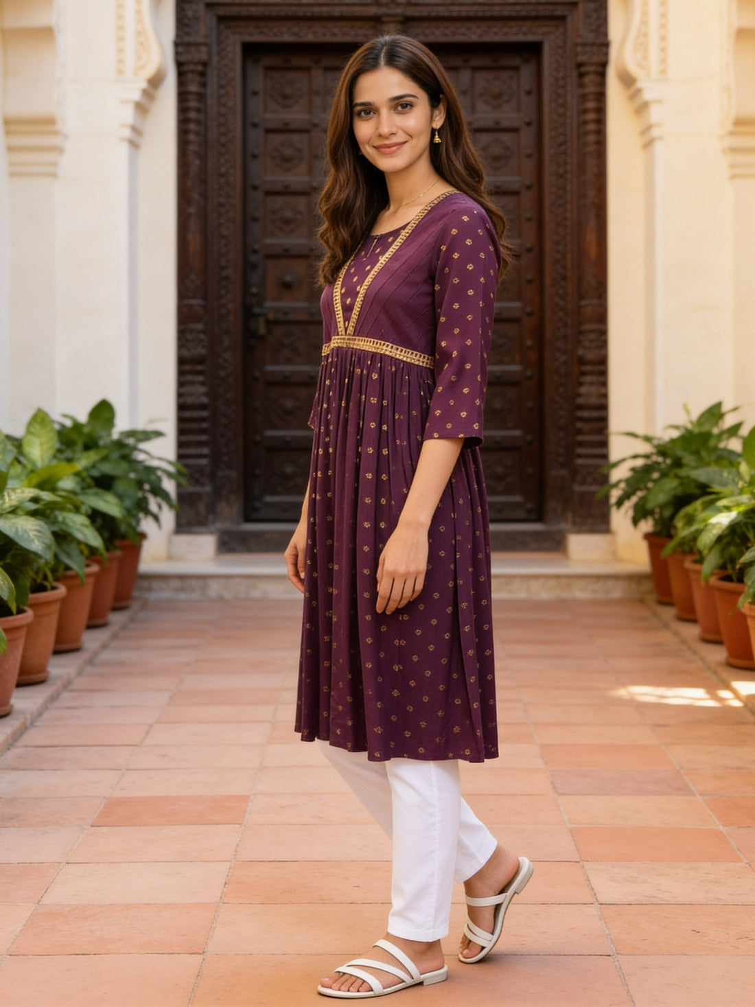 Buy Rayon Pin Tuck Flared Calf Length Kurta-Purple