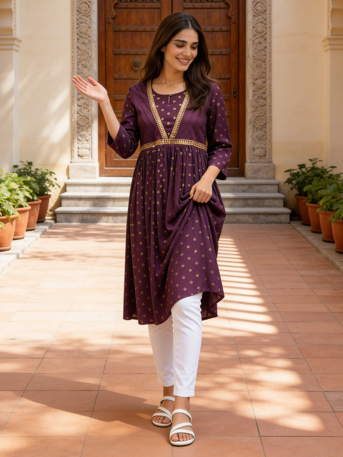 Rayon Pin Tuck Flared Calf Length Kurta