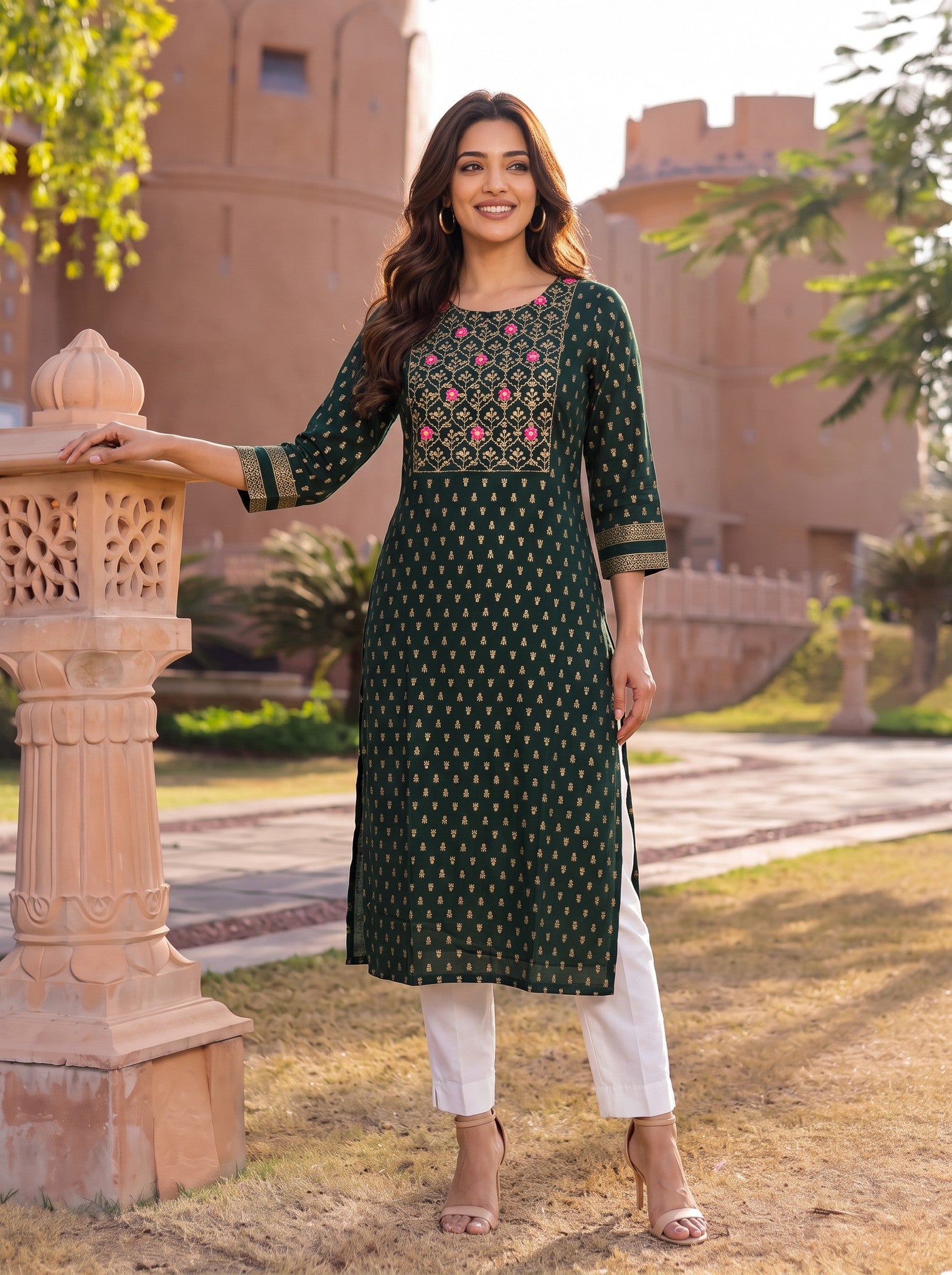 Rayon Embroidered Straight Calf Length Kurta