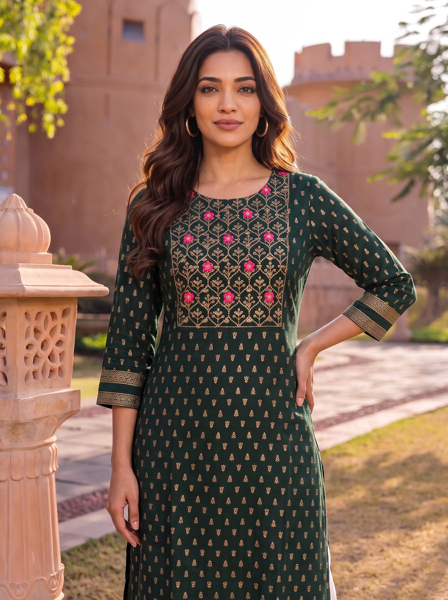 Buy Rayon Embroidered Straight Calf Length Kurta-Green