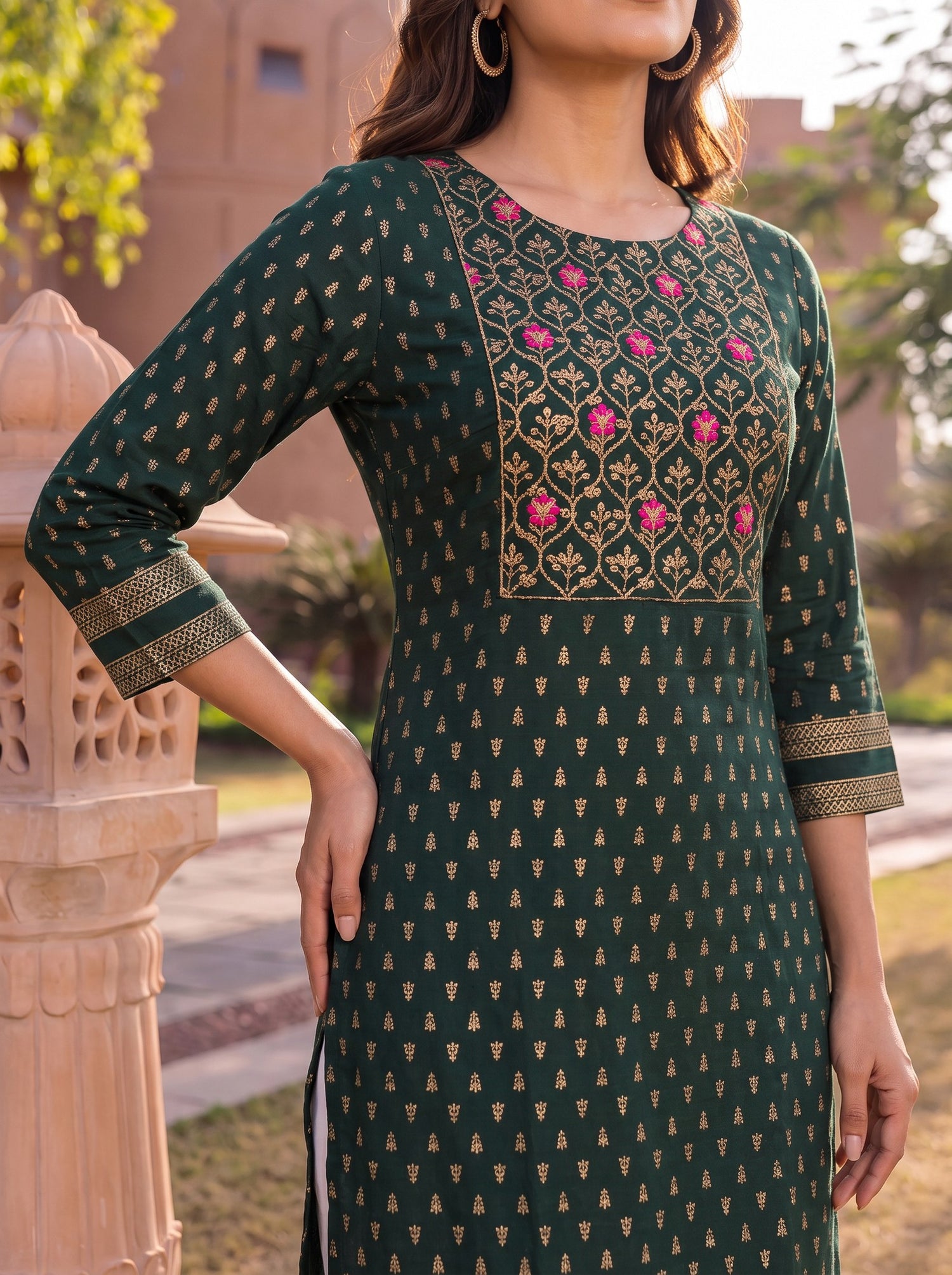 Buy Rayon Embroidered Straight Calf Length Kurta-Green