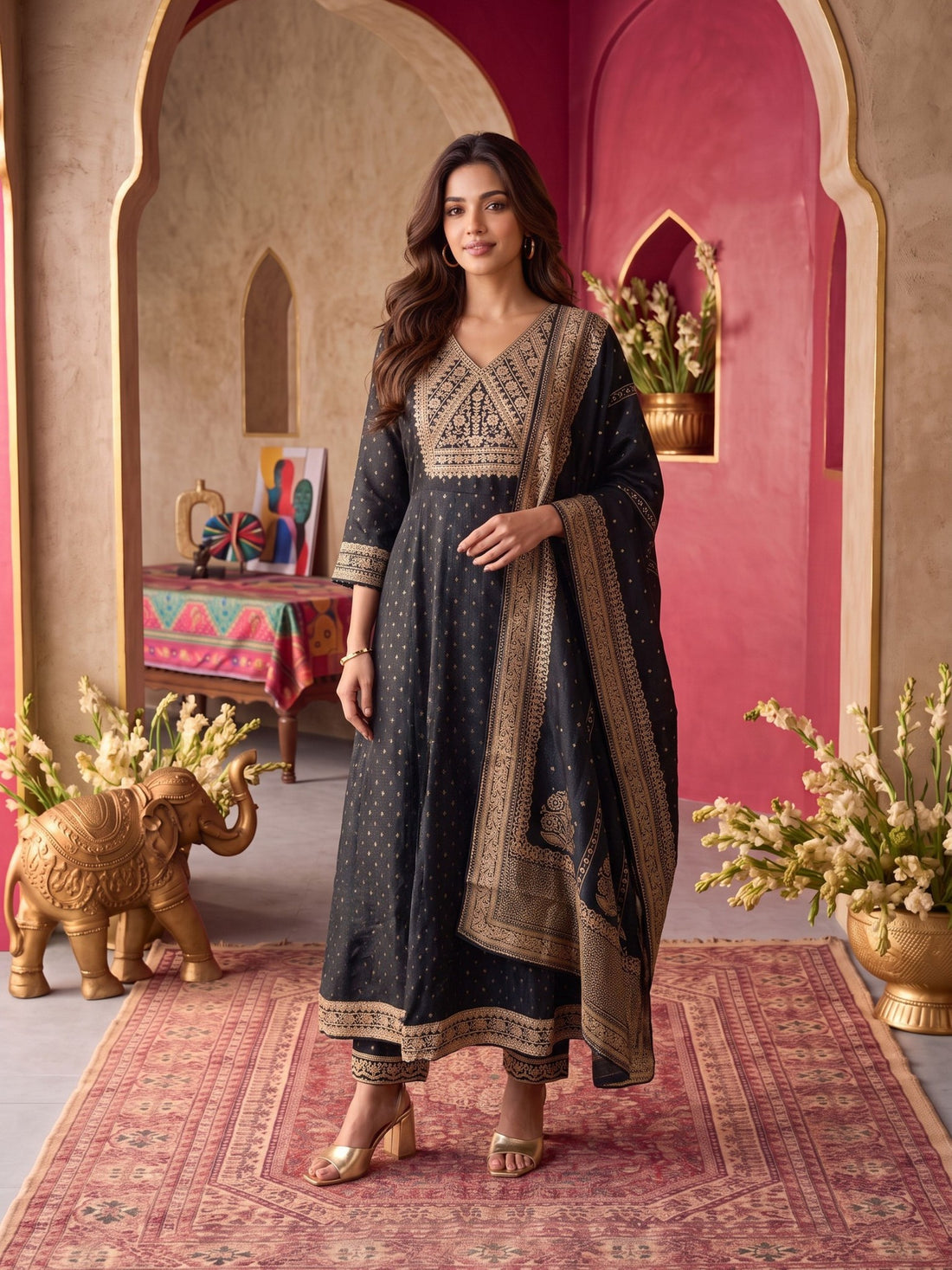 Buy Viscose Embroidered Flared Calf Length Kurta With Pant and Dupatta-Black