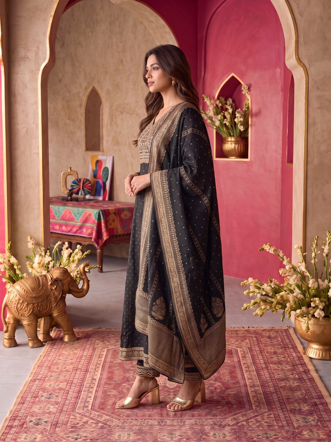 Buy Viscose Embroidered Flared Calf Length Kurta With Pant and Dupatta-Black