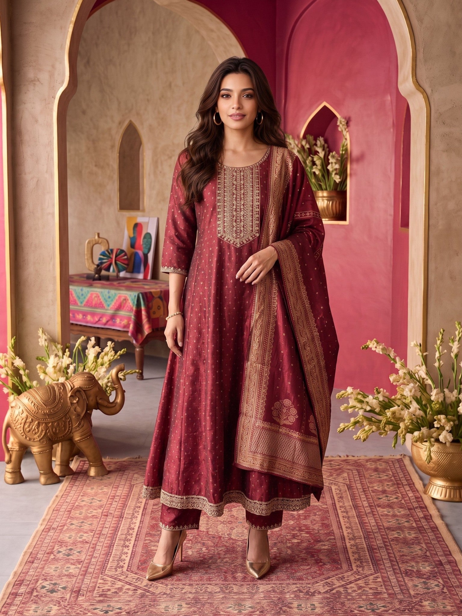 Viscose Embroidered Flared Calf Length Kurta With Pant and Dupatta